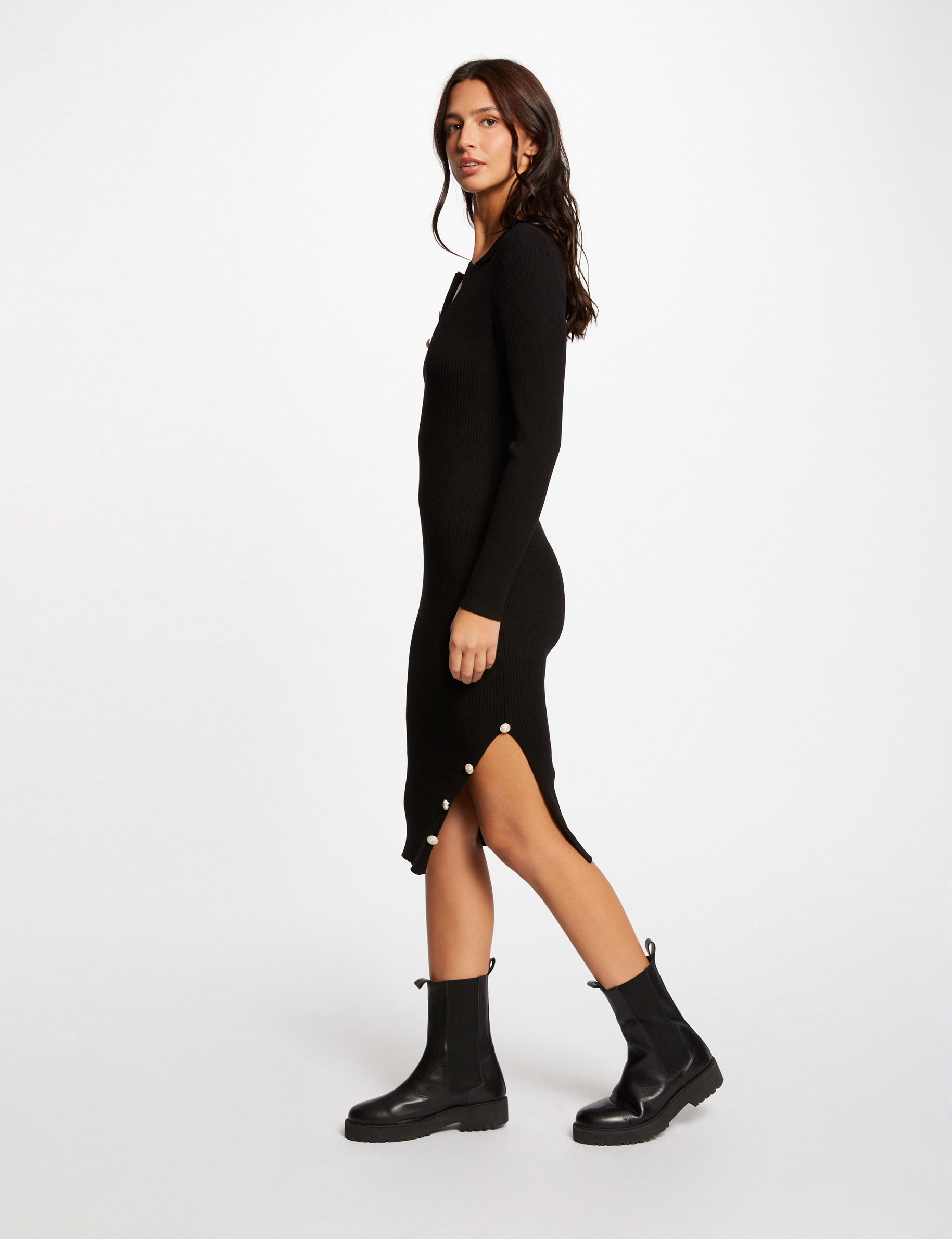 Fitted jumper dress buttons and slit black ladies'