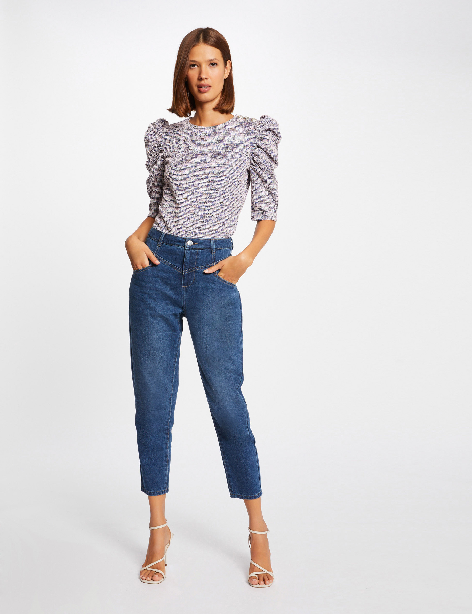 High-waisted cropped straight jeans stone denim ladies'