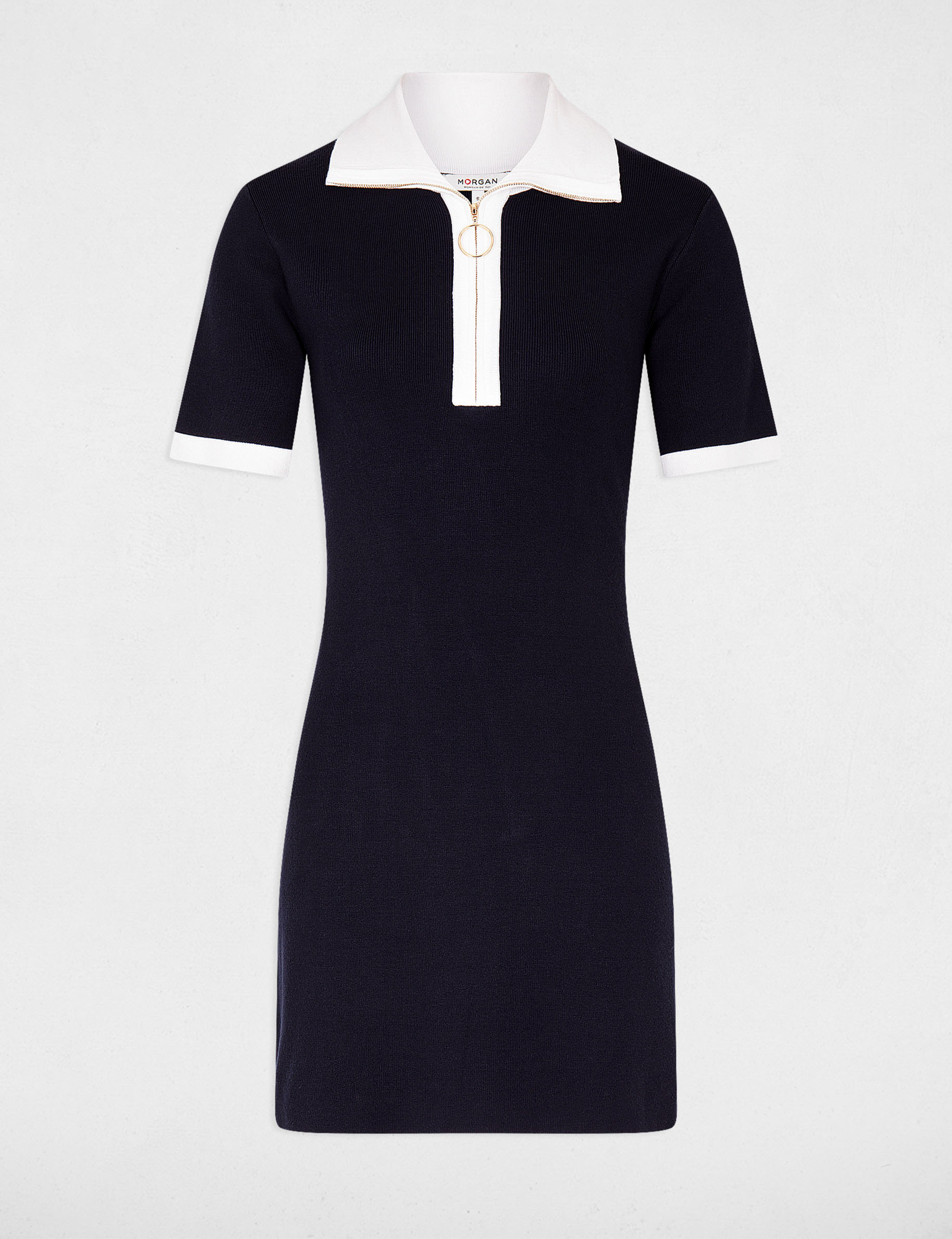 Waisted jumper dress zipped lapel collar navy ladies'