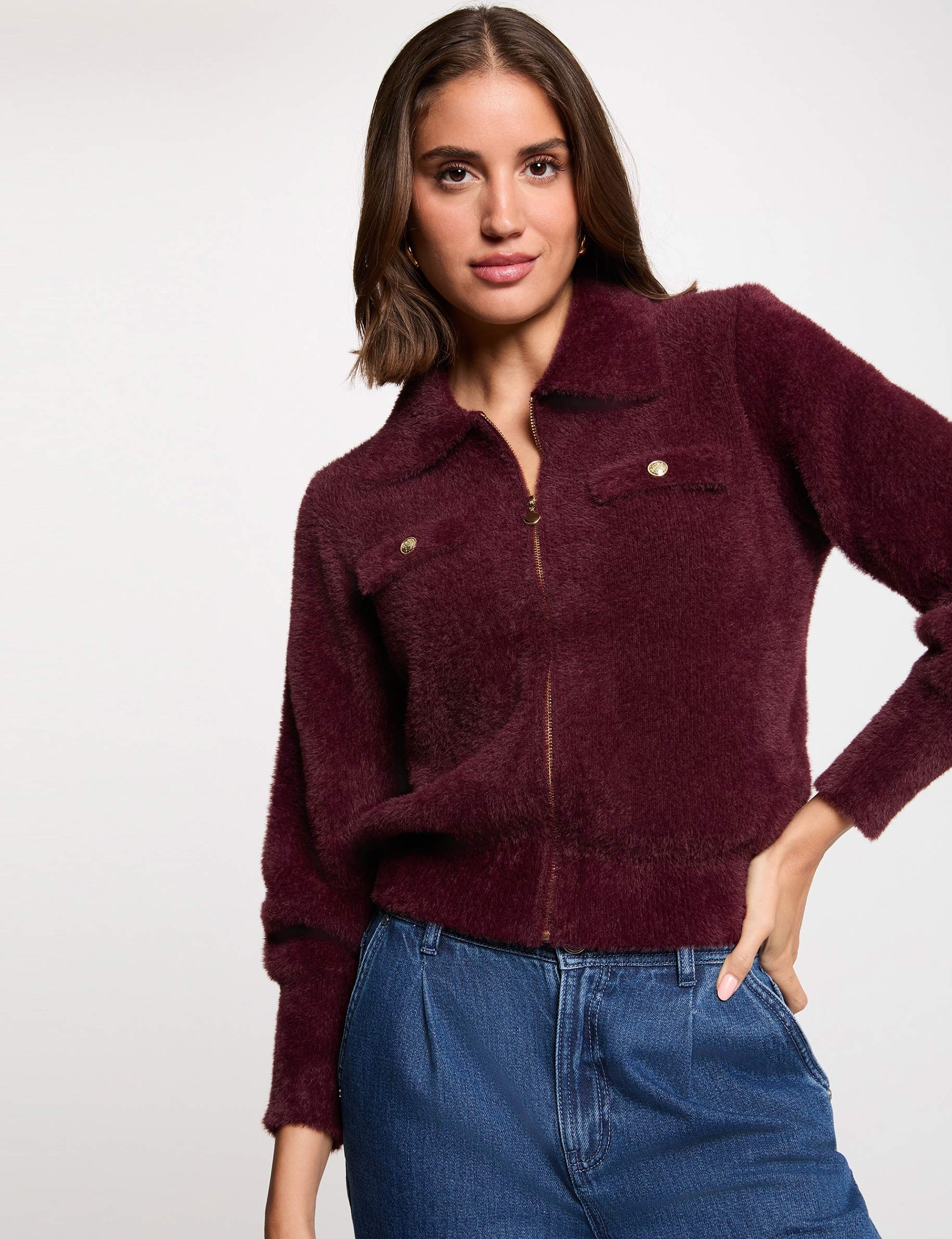 Long-sleeved cardigan with lapel collar plum women