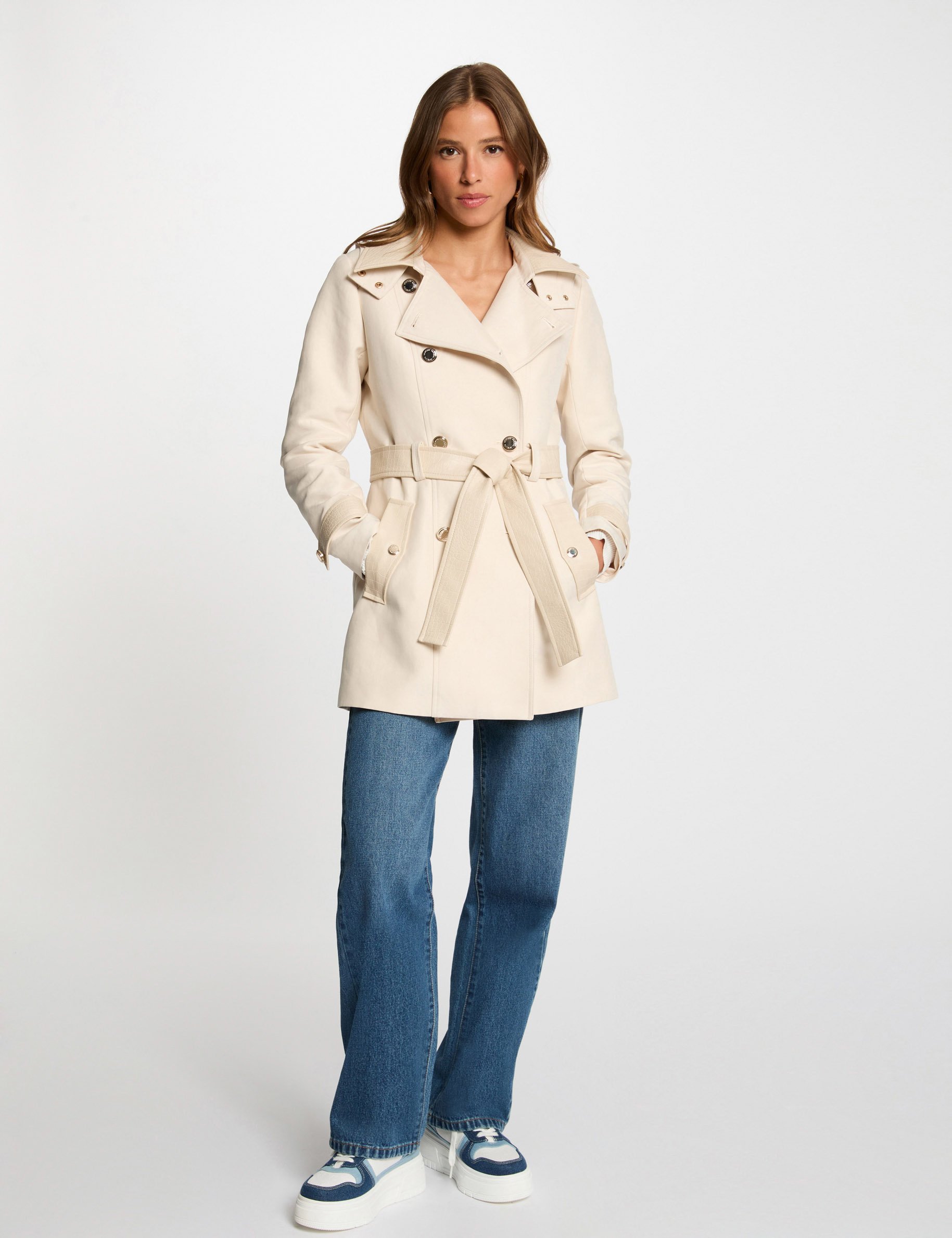Trenchcoat faux leather detail ivory women