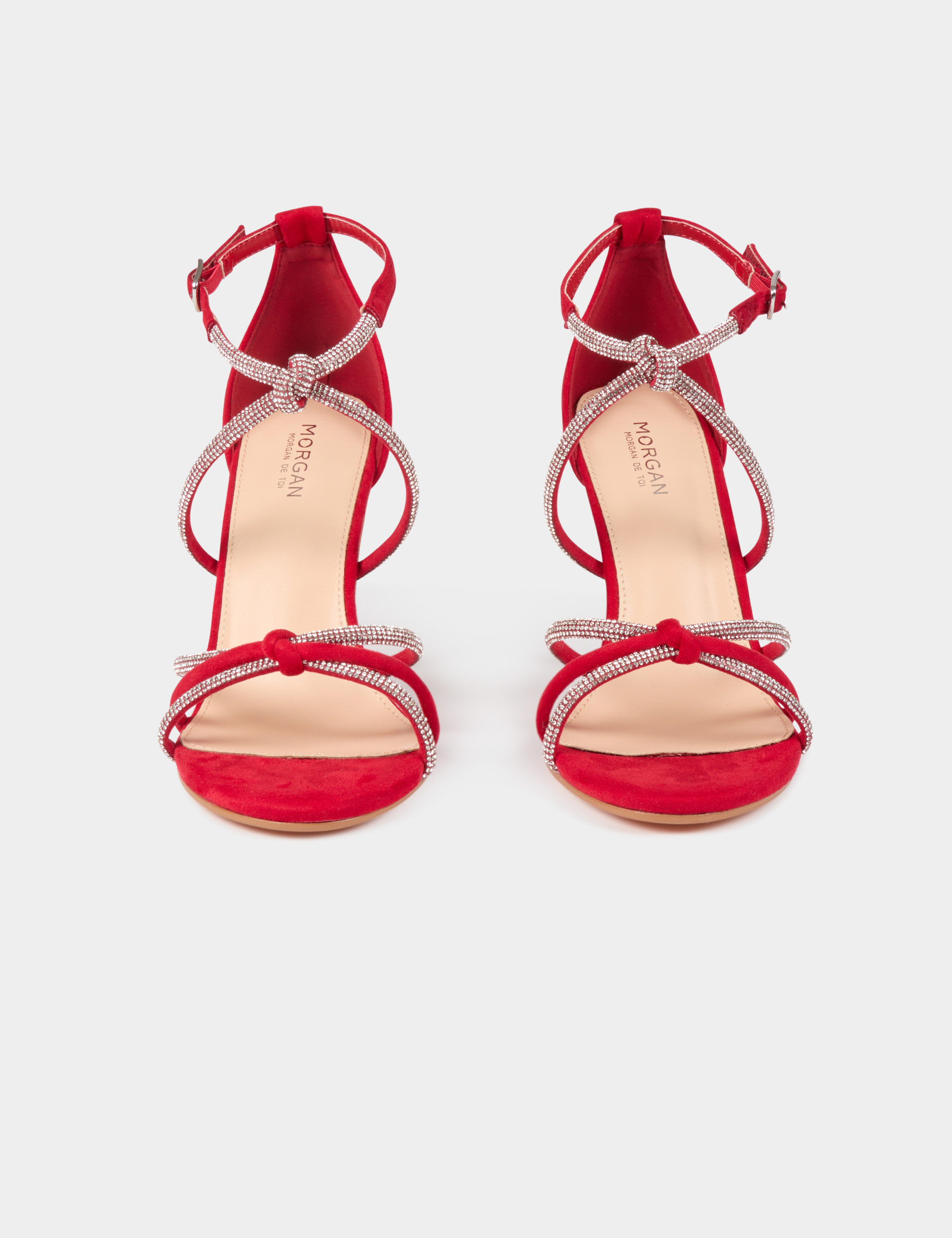 Sandals with heels and rhinestones red women