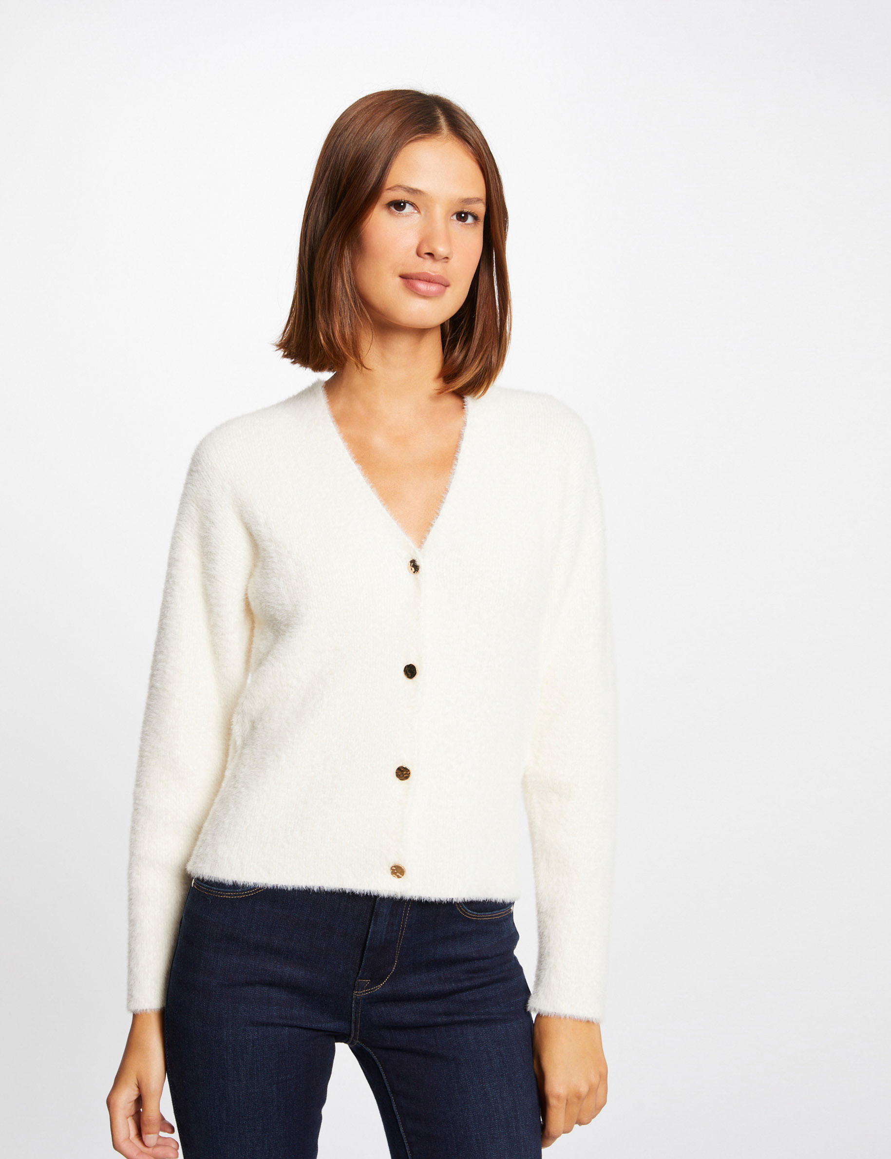 Long-sleeved cardigan with V-neck ivory ladies'