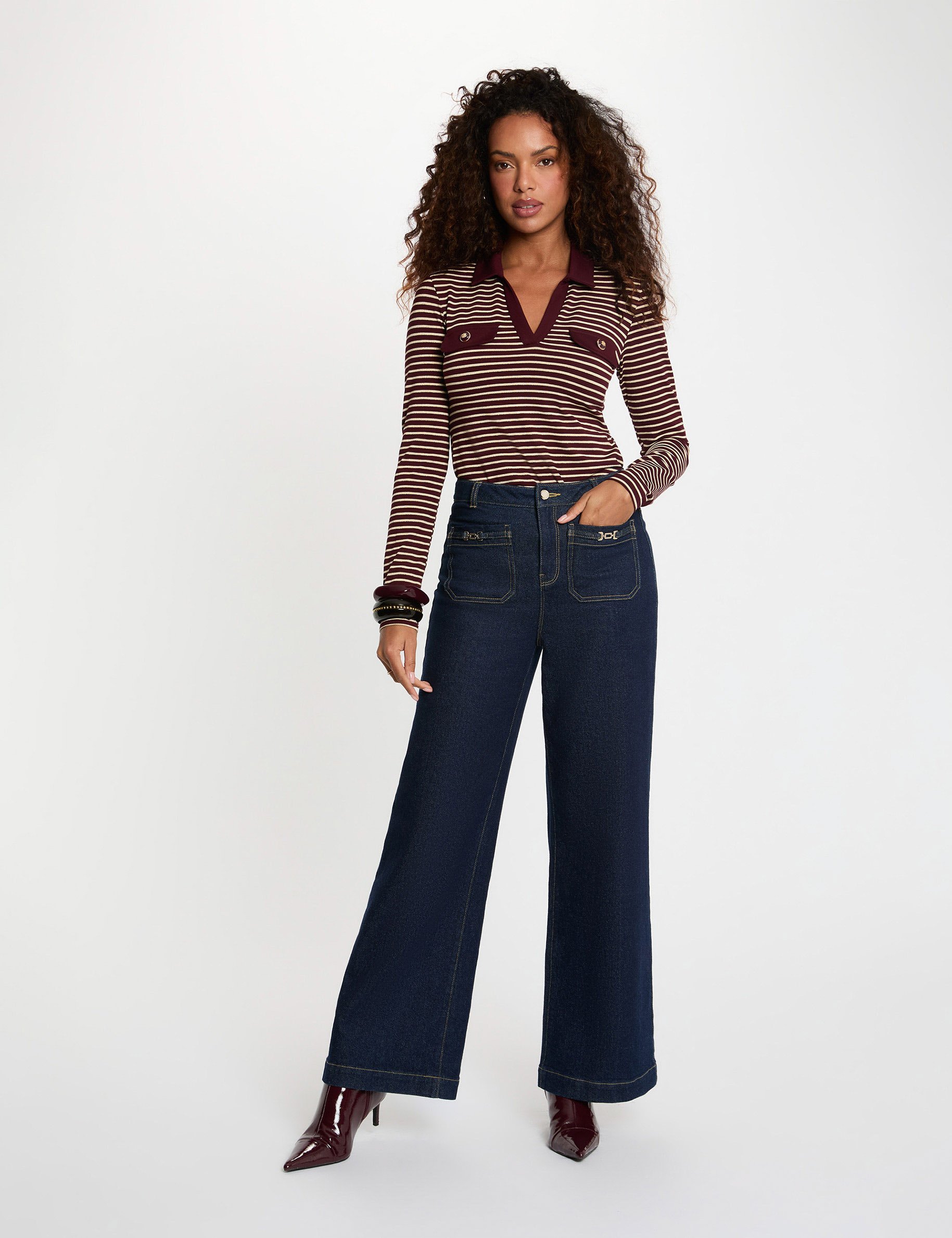 Striped long-sleeved polo bordeaux women