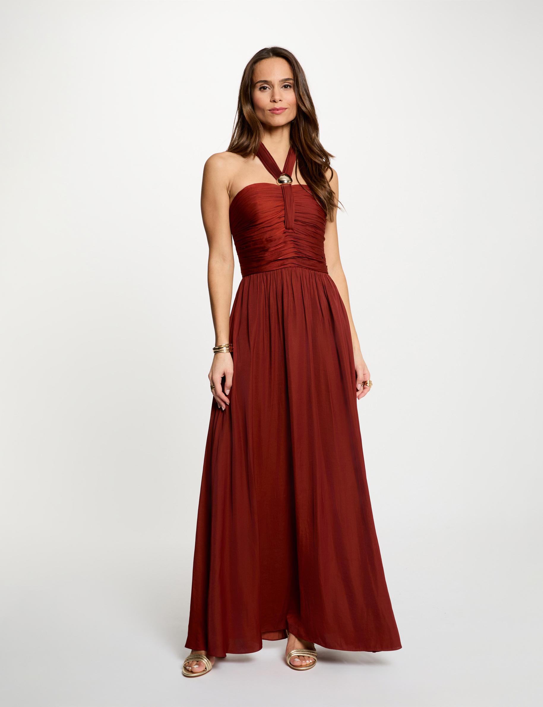 Long dress with tied neck cognac brown women