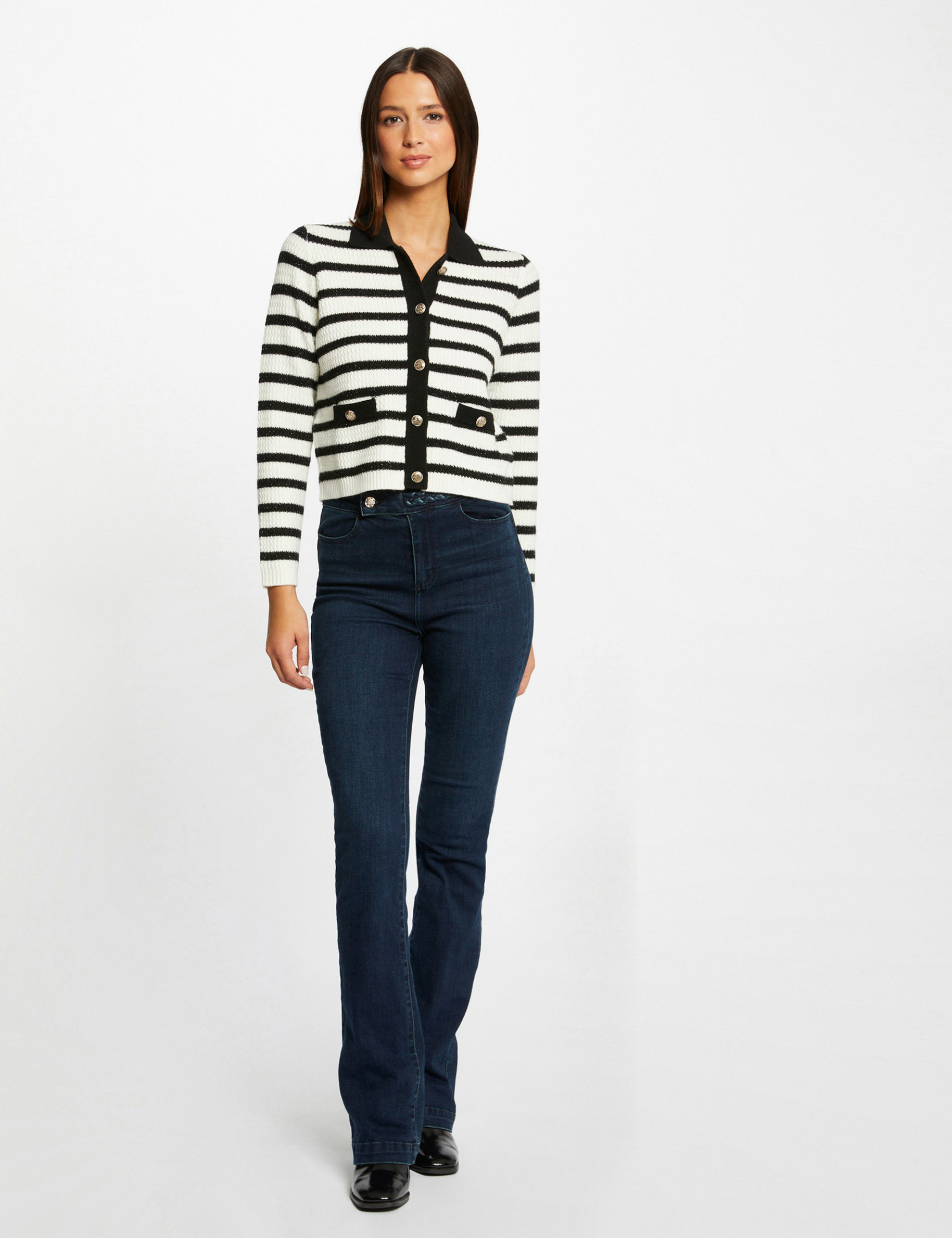 Buttoned straight cardigan with stripes ecru ladies'