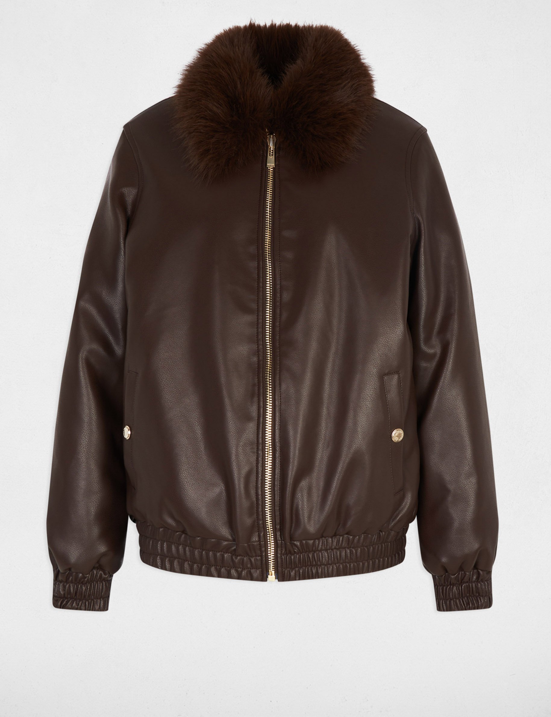 Short jacket with fur collar dark brown women