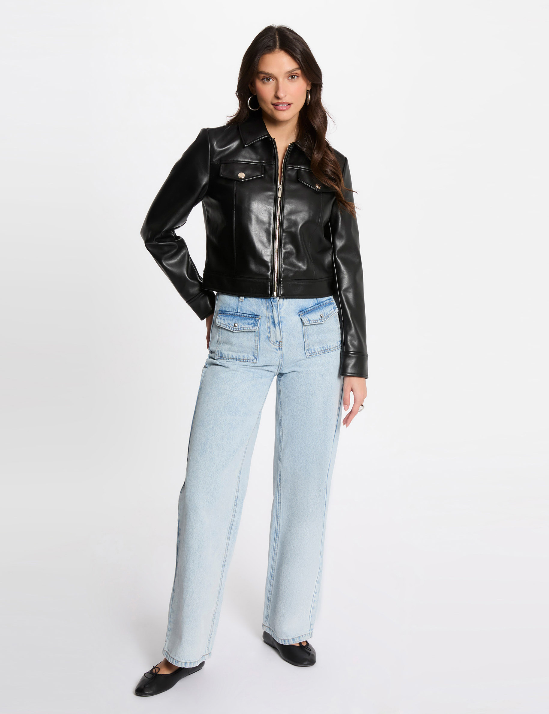 Short faux leather jacket black women