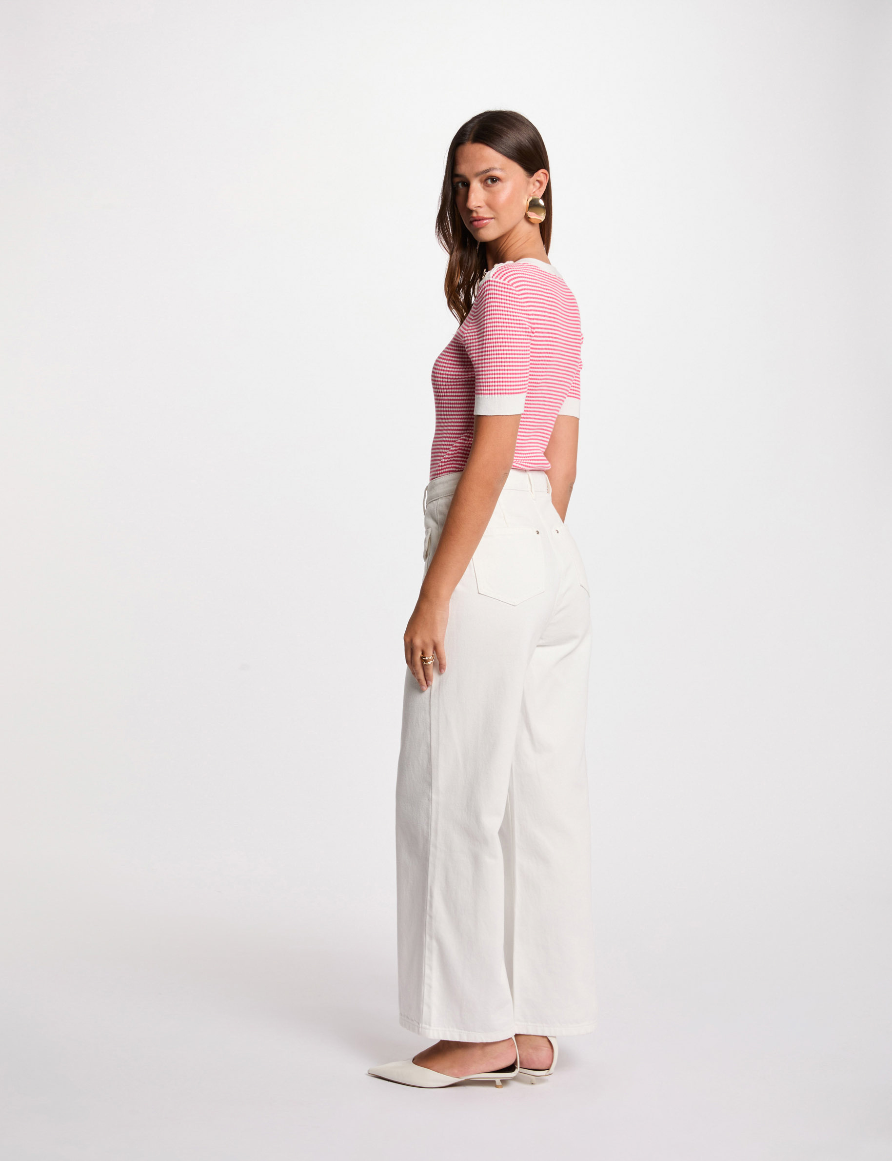 Pull col rond rayé rose fushia femme