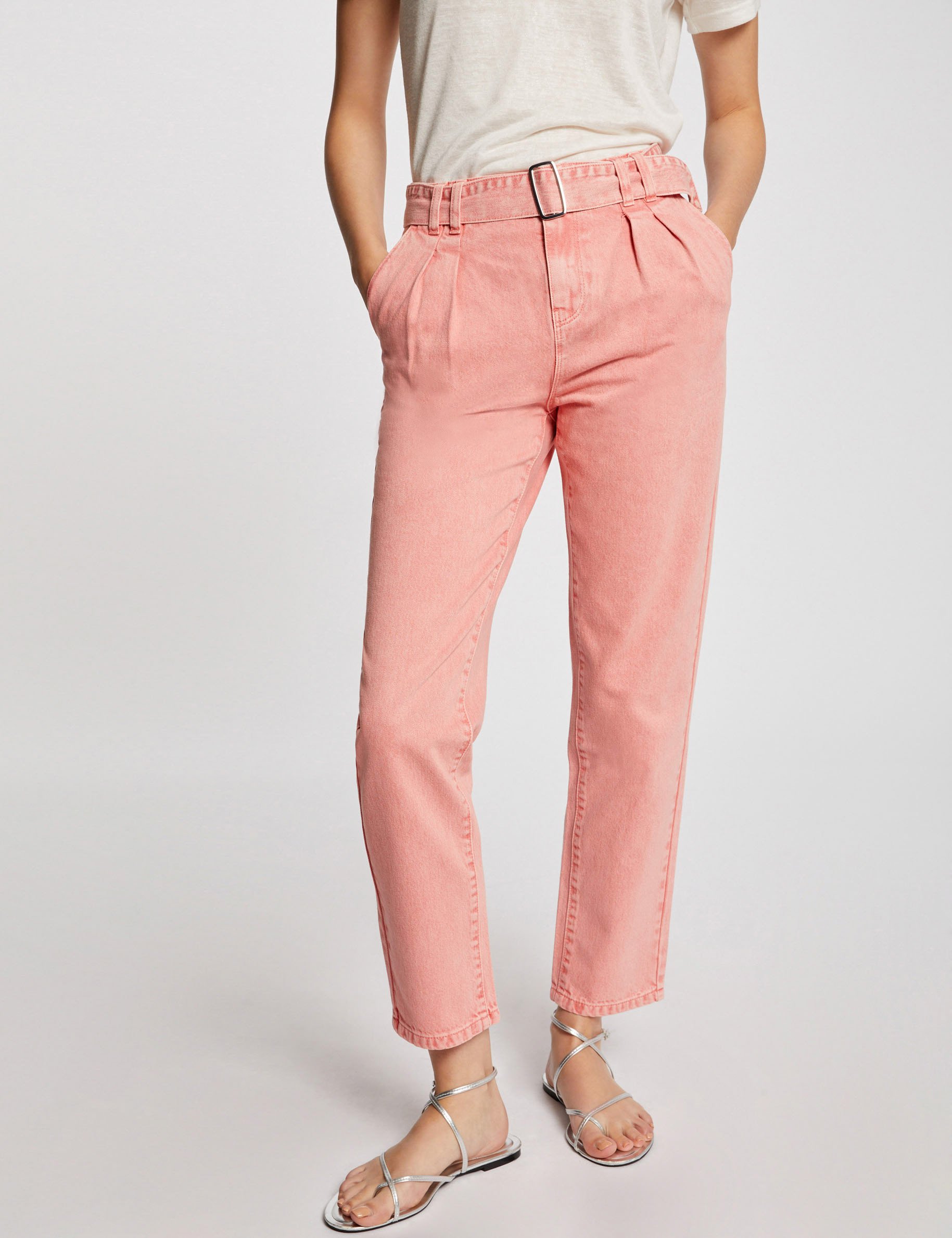 Cropped straight belted jeans coral ladies'