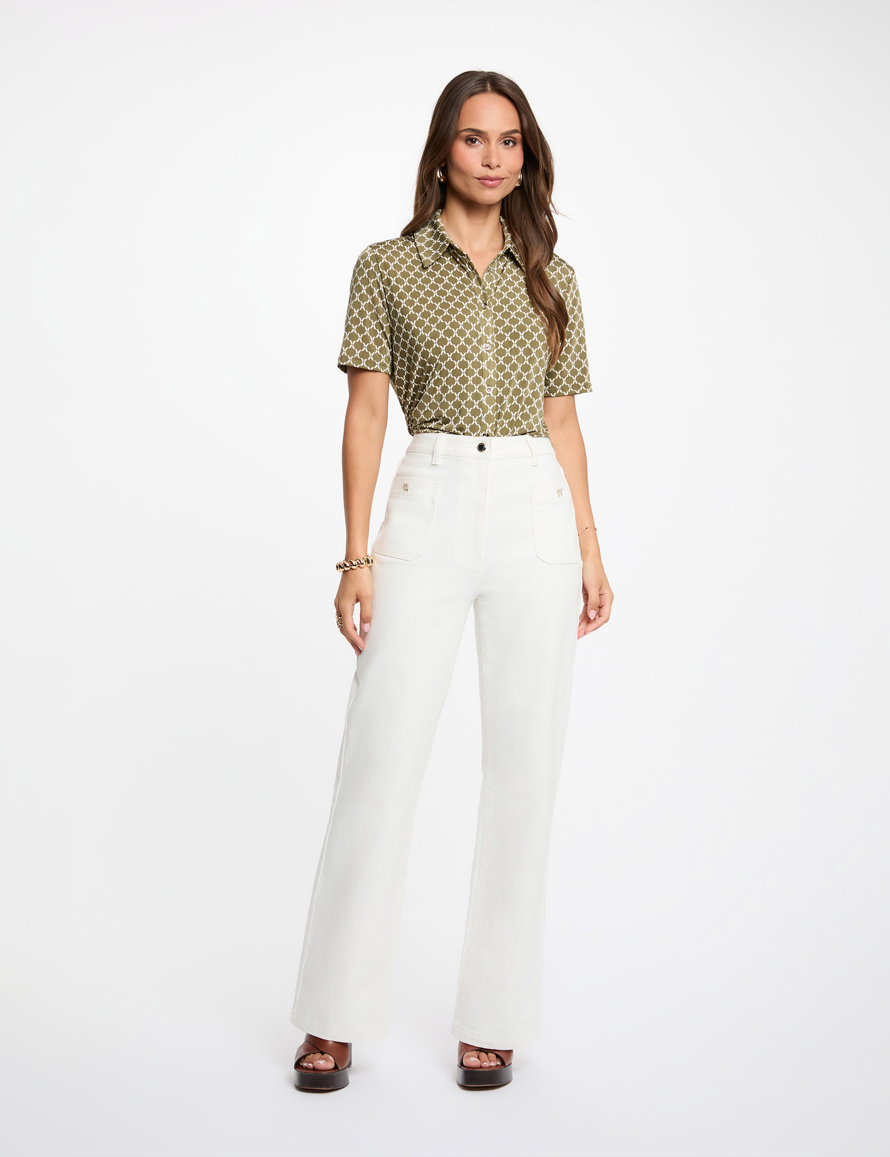 Printed shirt with notched collar khaki green women
