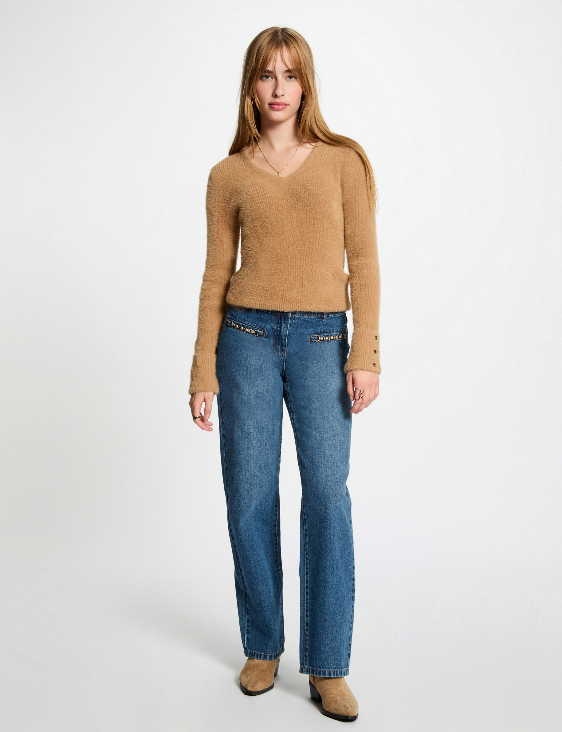 long sleeved jumper with fluffy knit camel women Long-sleeved jumper with fluffy knit camel women