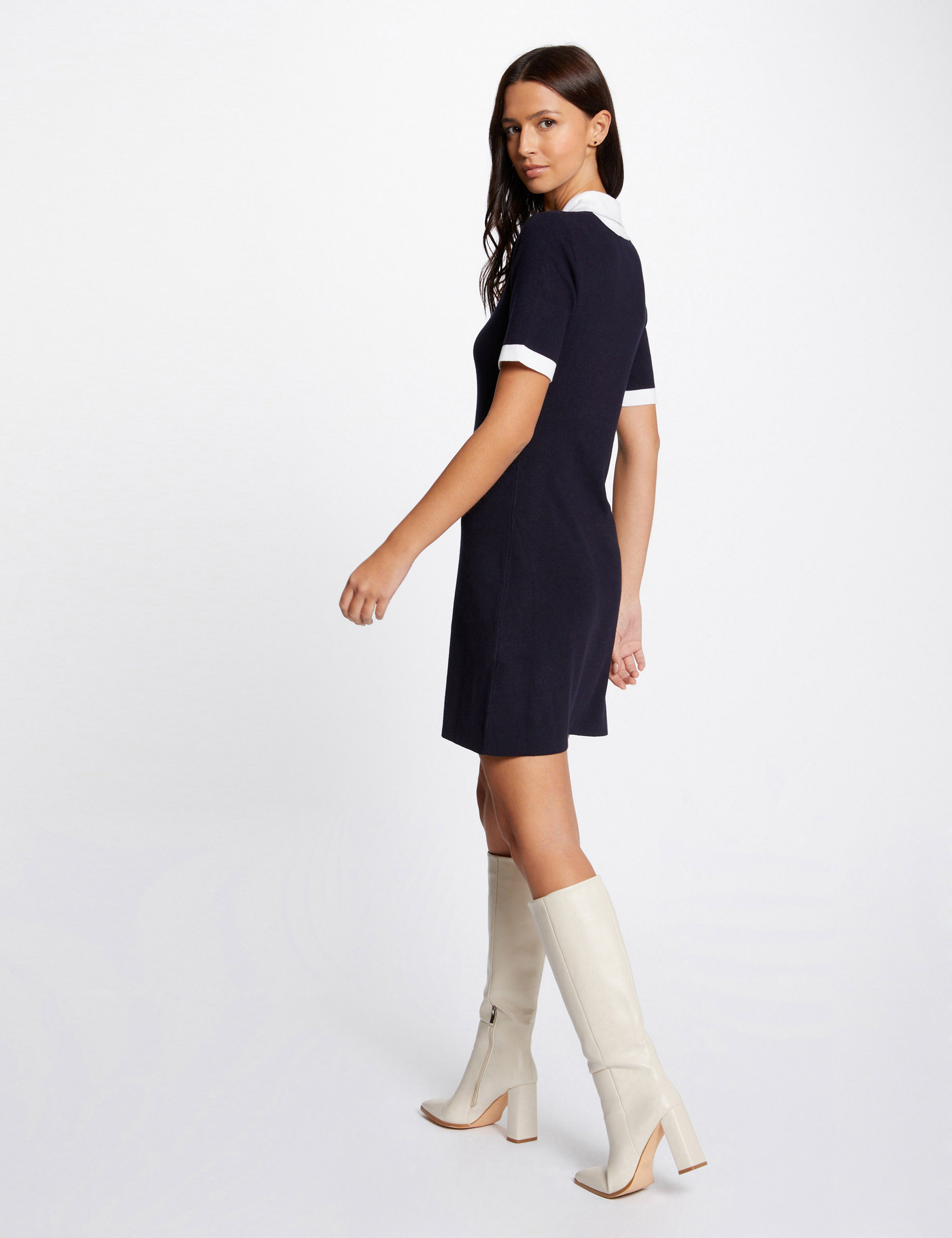 Waisted jumper dress zipped lapel collar navy ladies'