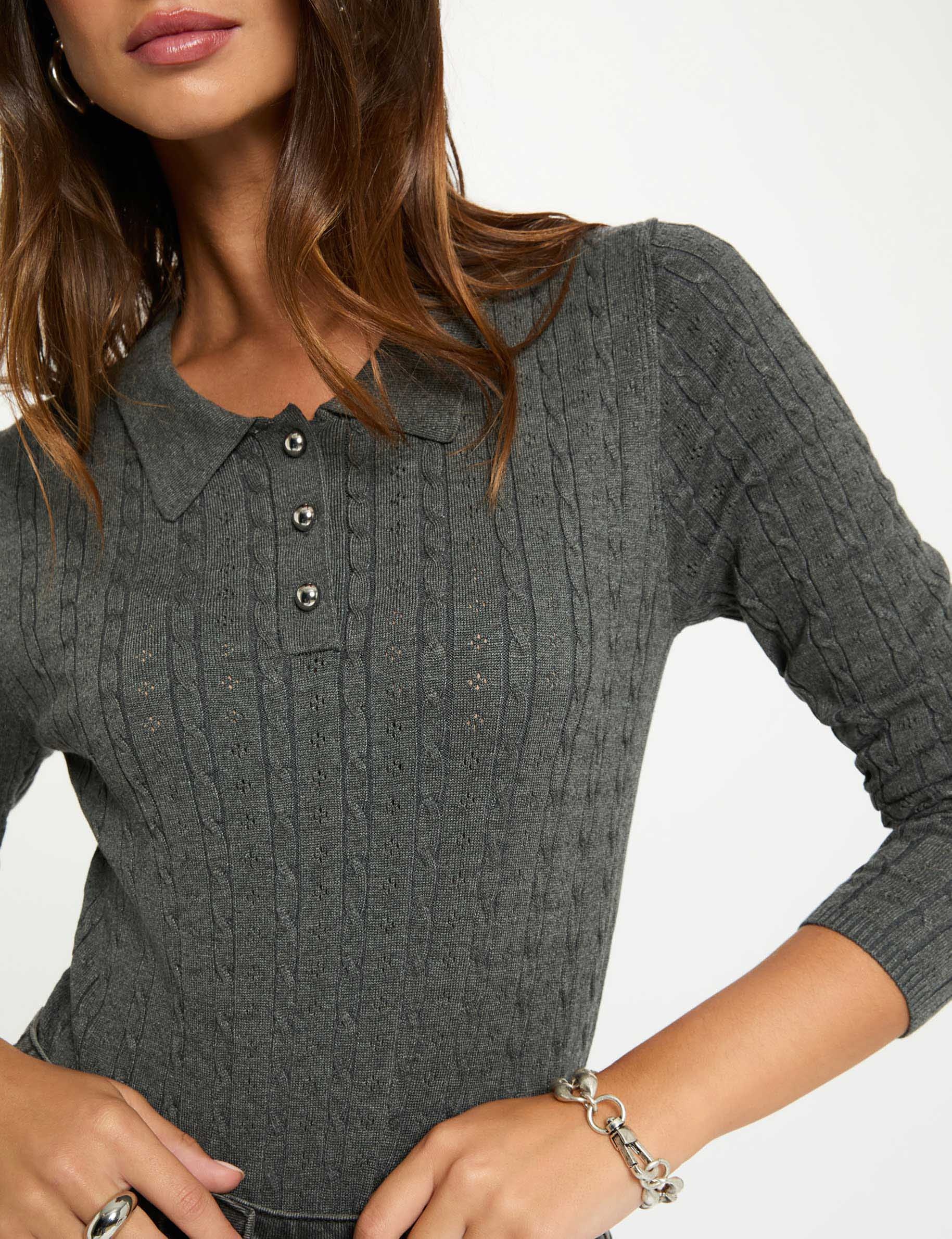 Fitted sweater with polo collar dark grey women