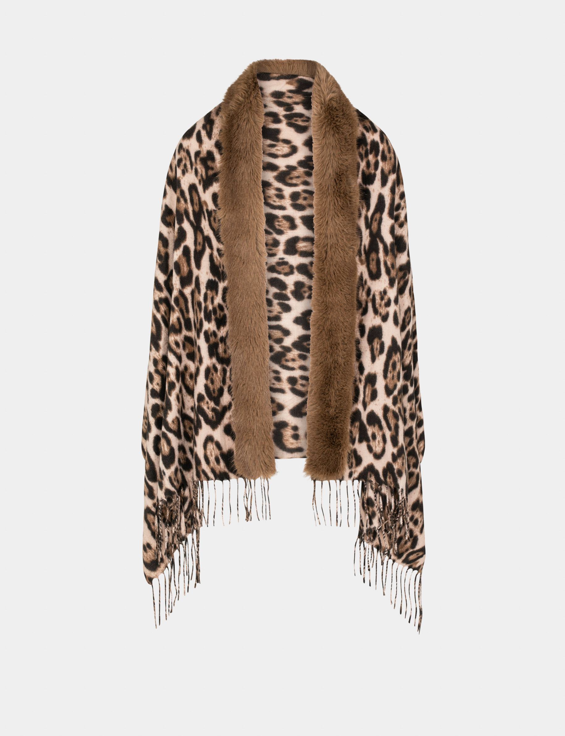 poncho with fringes and leopard print chestnut brown ladies Poncho with fringes and leopard print chestnut brown ladies'