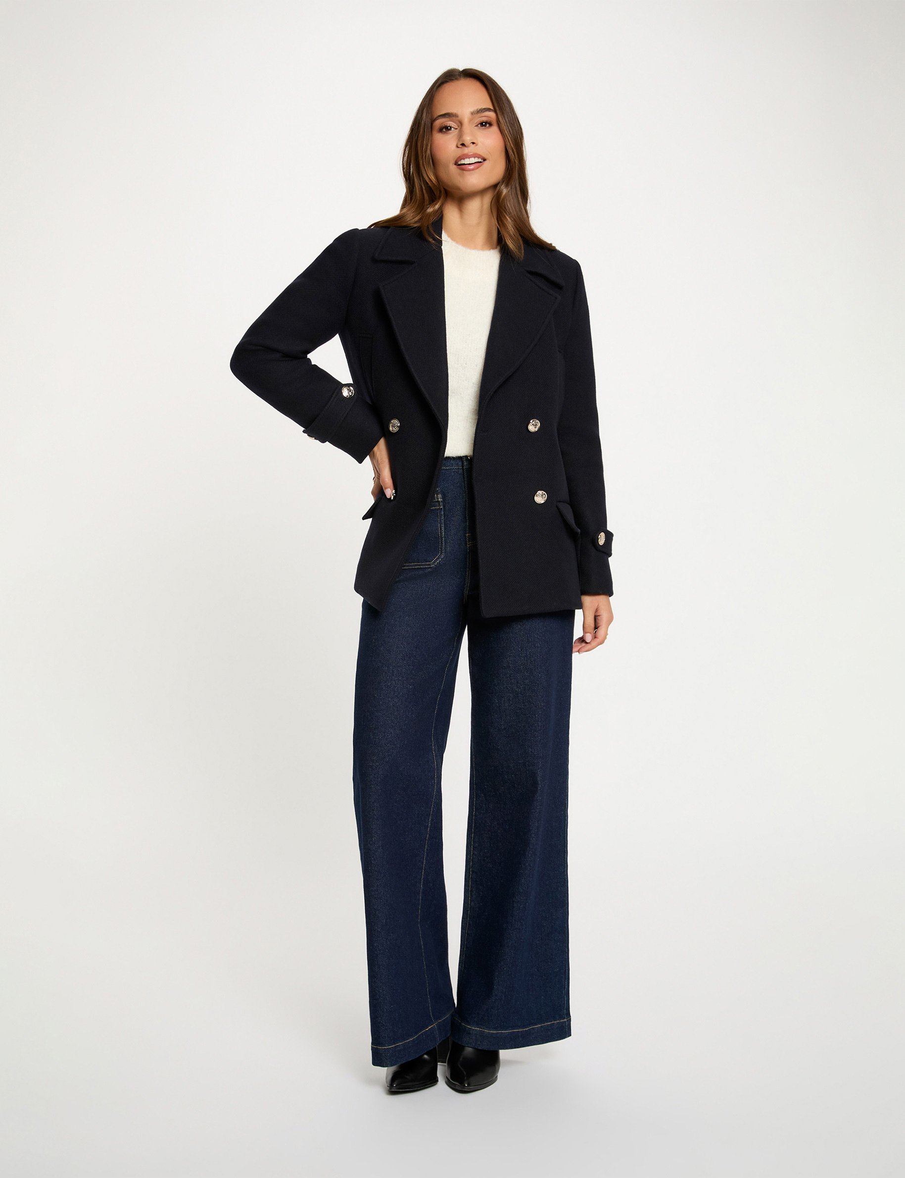 Straight coat with tailored collar navy blue women