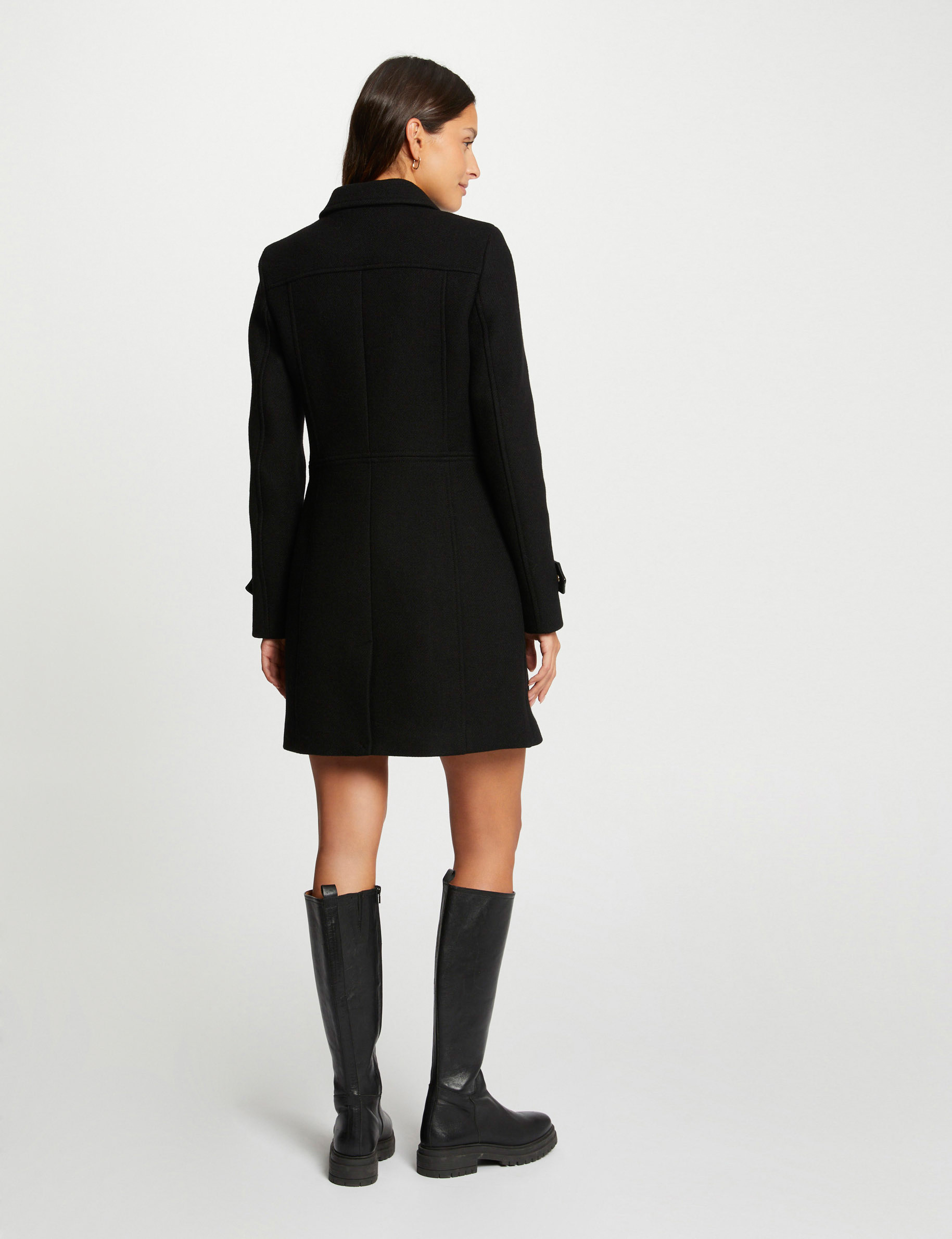 Straight coat faux leather details black ladies'