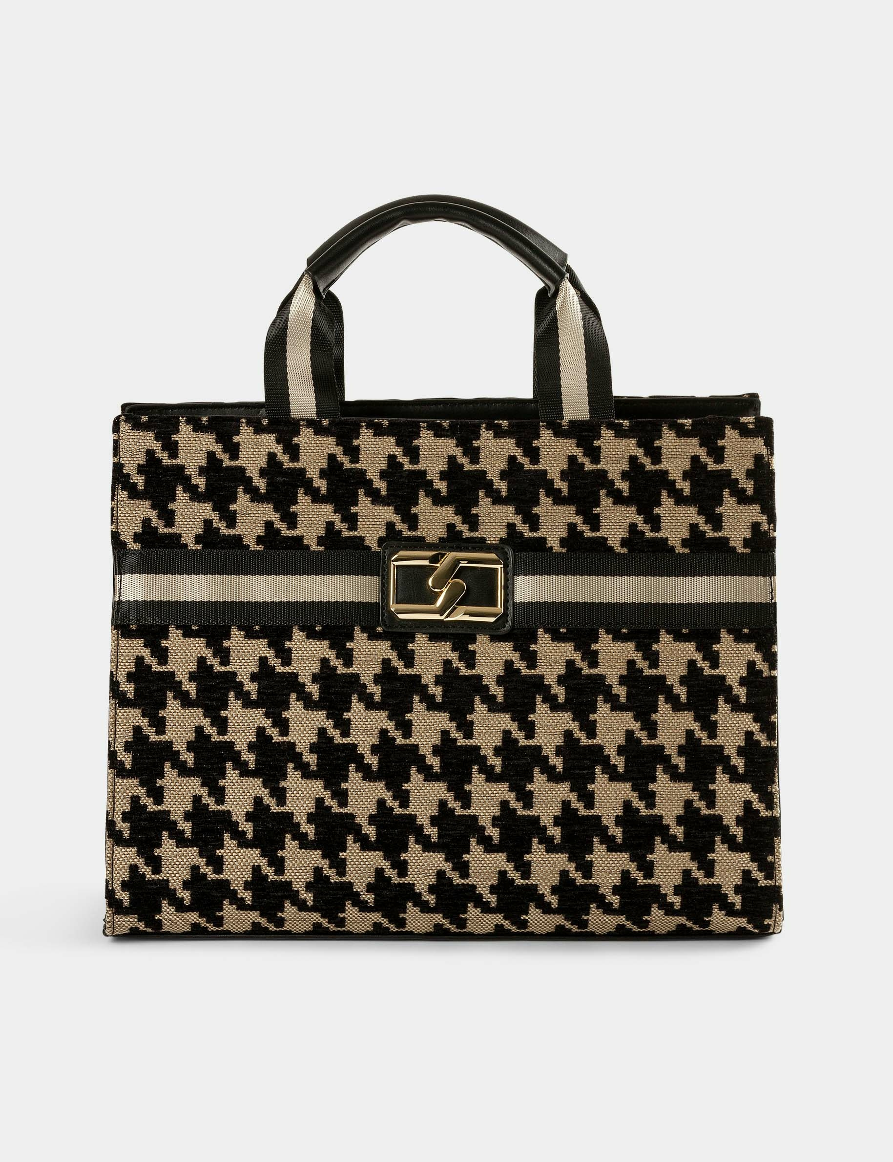Tote bag with houndstooth print chestnut brown ladies'