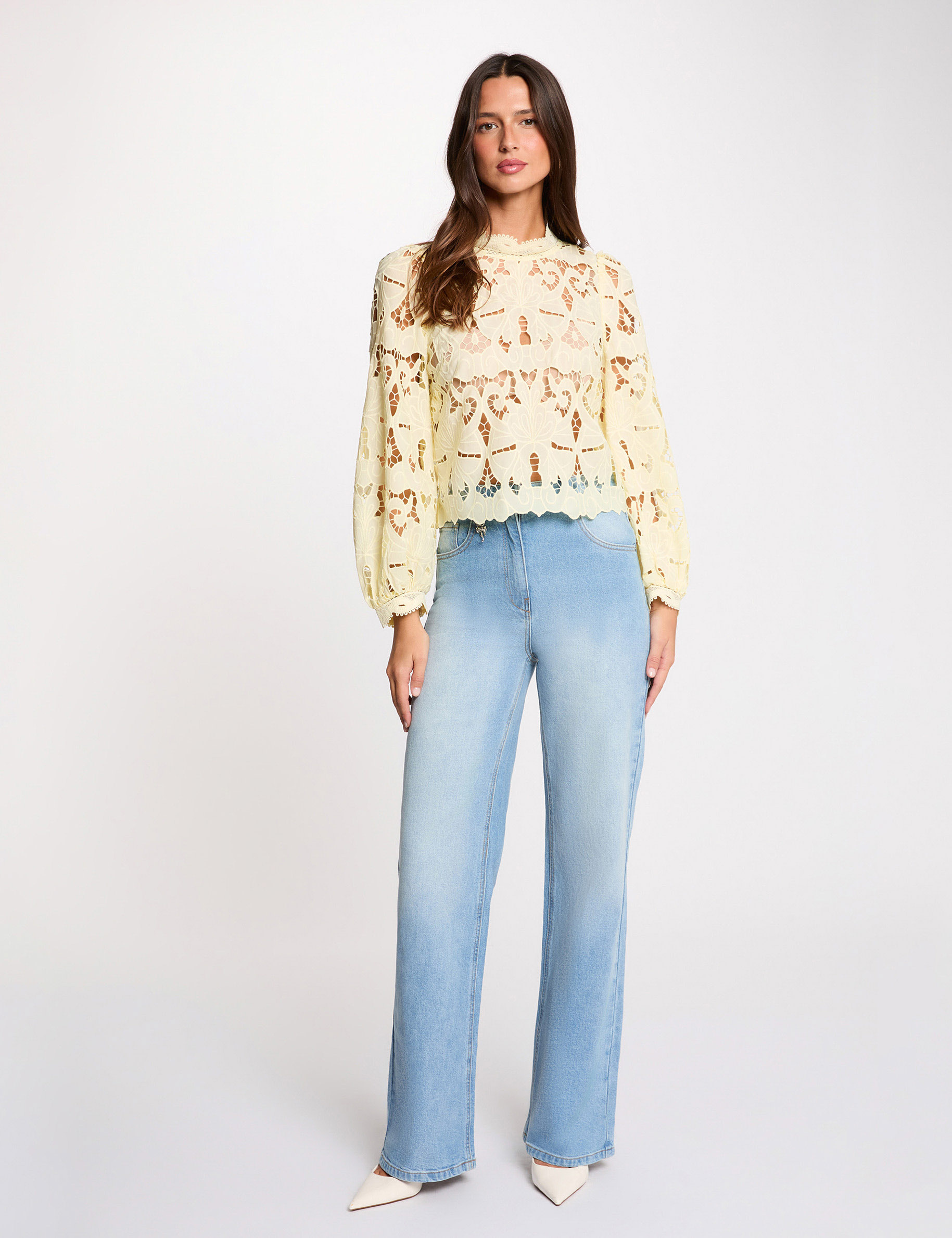 Embroidered blouse with high neck pastel yellow women