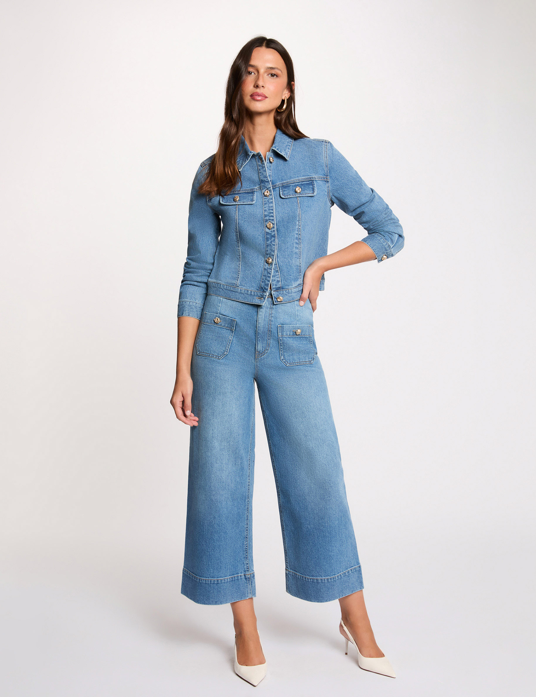 Wide-leg high-waisted jeans denim stone women