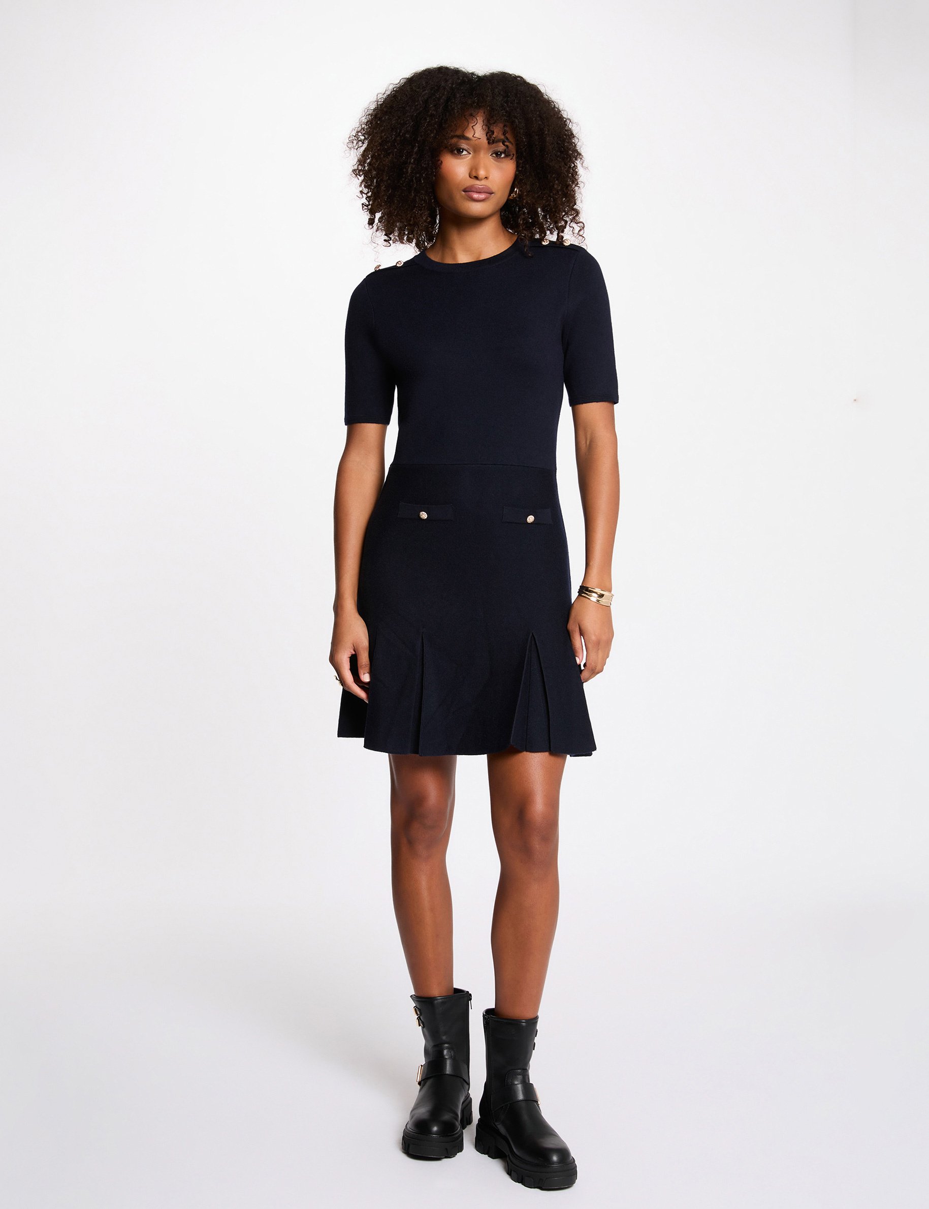 Short trapeze dress navy blue women