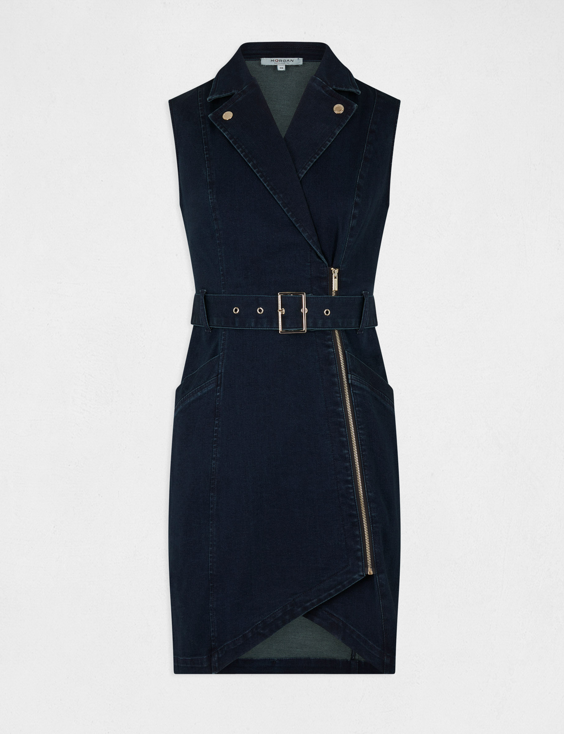 Sleeveless draped fitted denim dress raw denim ladies'