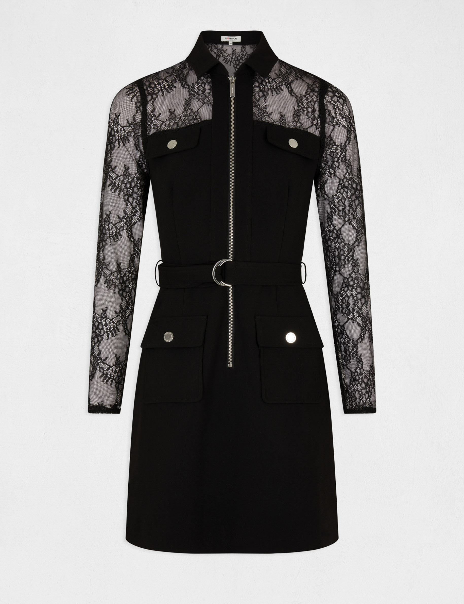 Zipped fitted dress lace sleeves black women Morgan