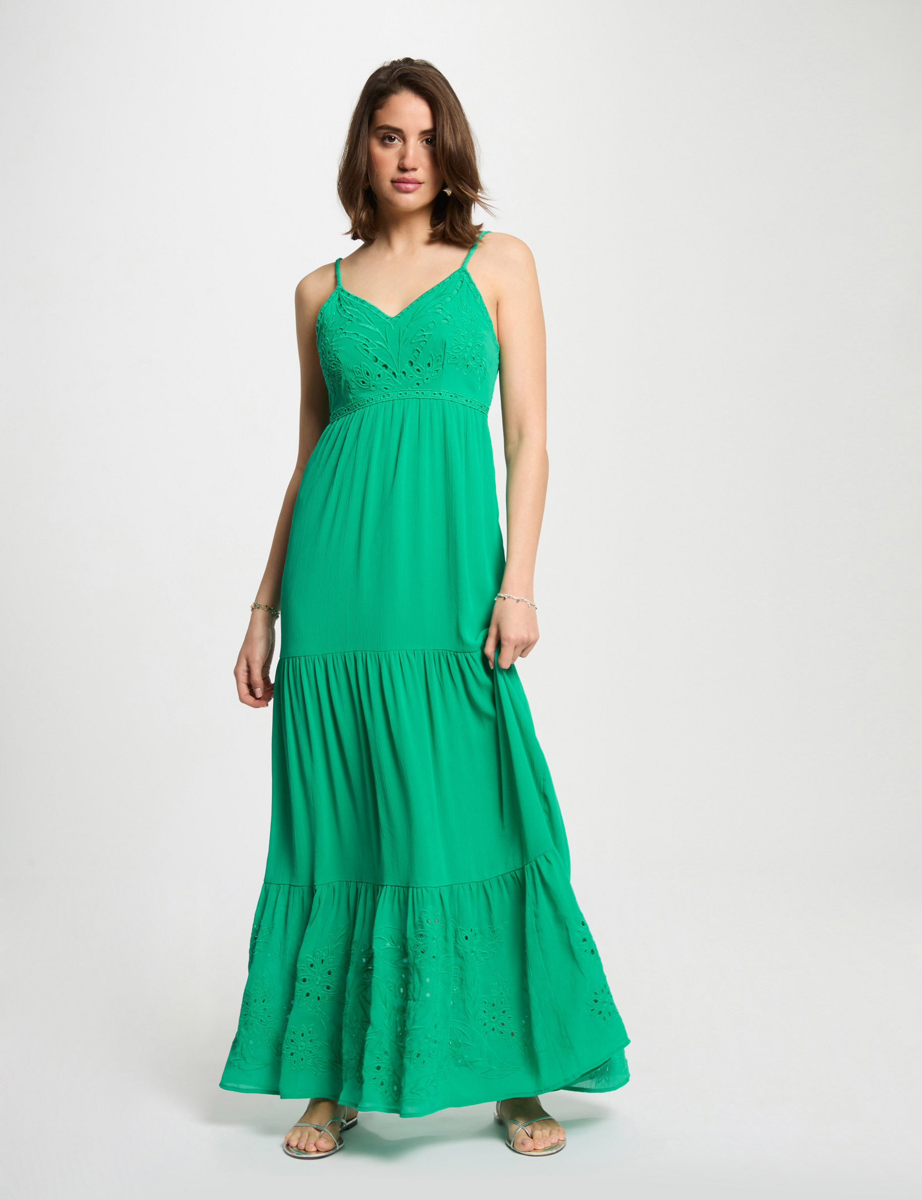 loose maxi embroidered dress emerald green women Loose maxi embroidered dress emerald green women