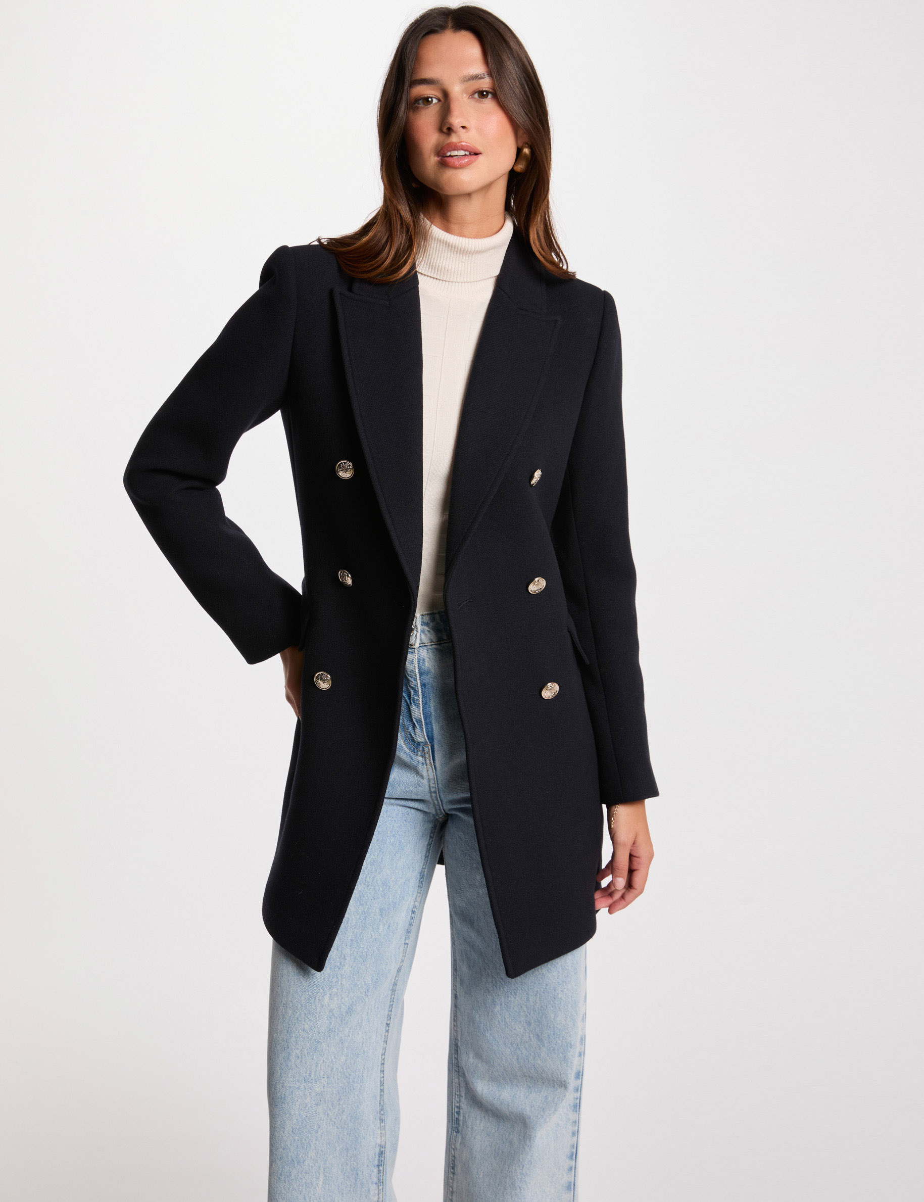 mi length coat with buttons navy blue women Mi-length coat with buttons navy blue women