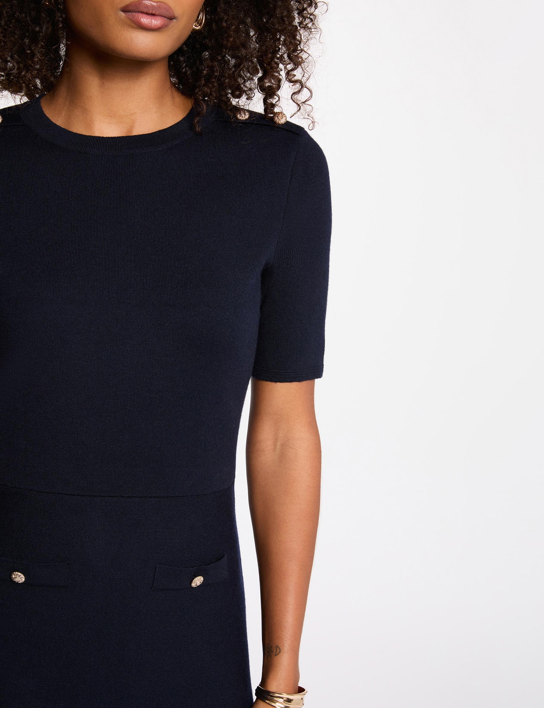 Short trapeze dress navy blue women