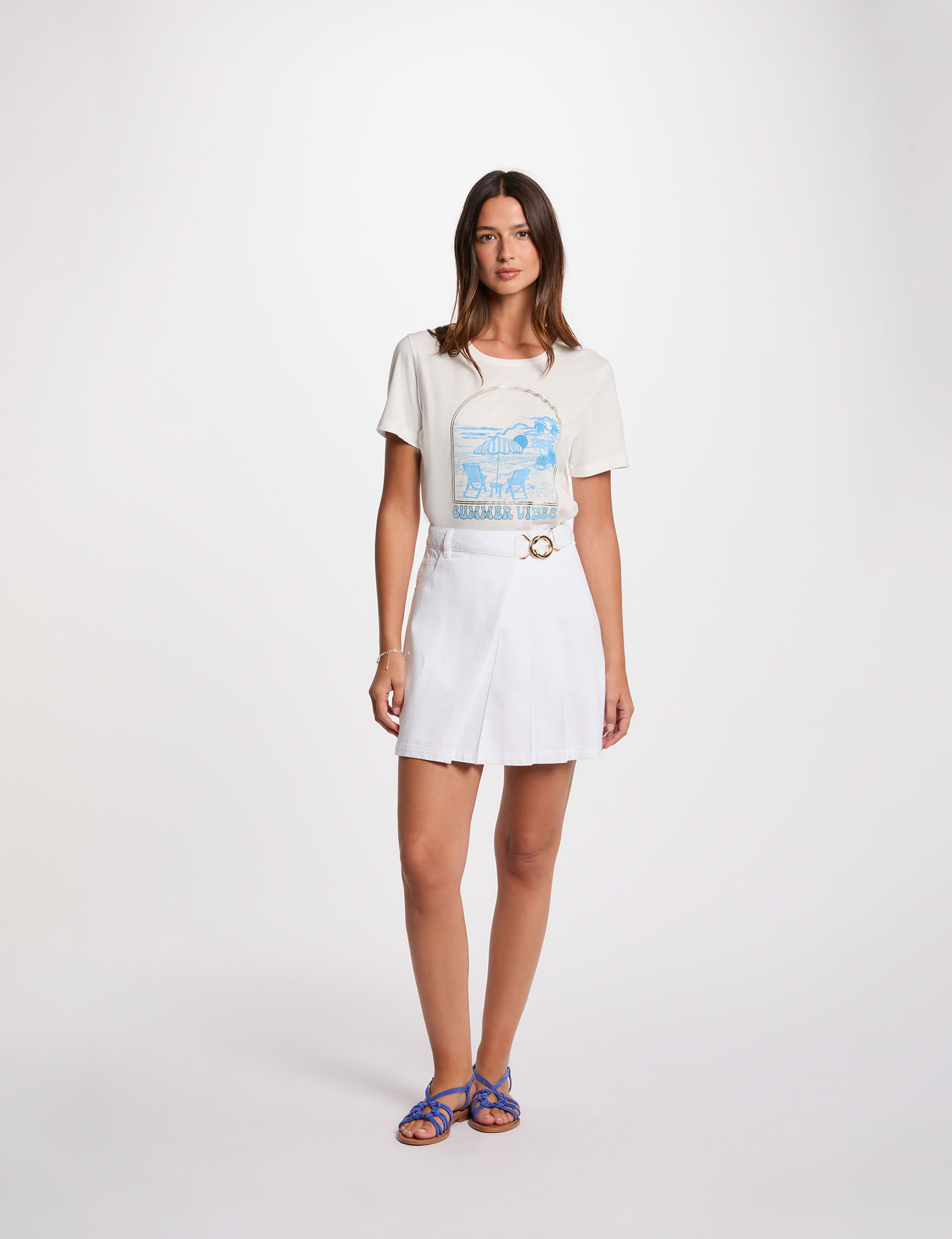 Pleated denim skirt white women