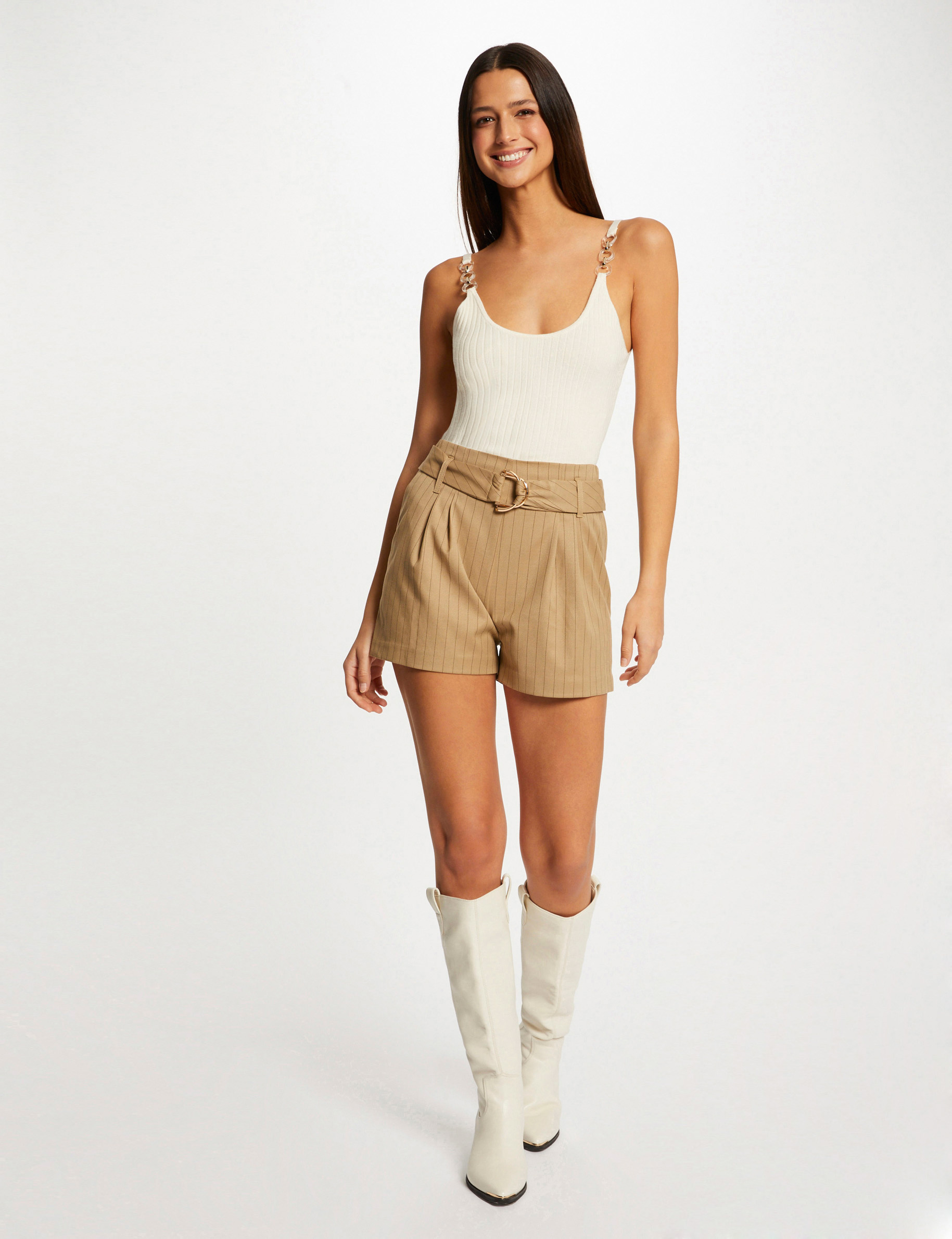 Loose belted short with stripes beige ladies'
