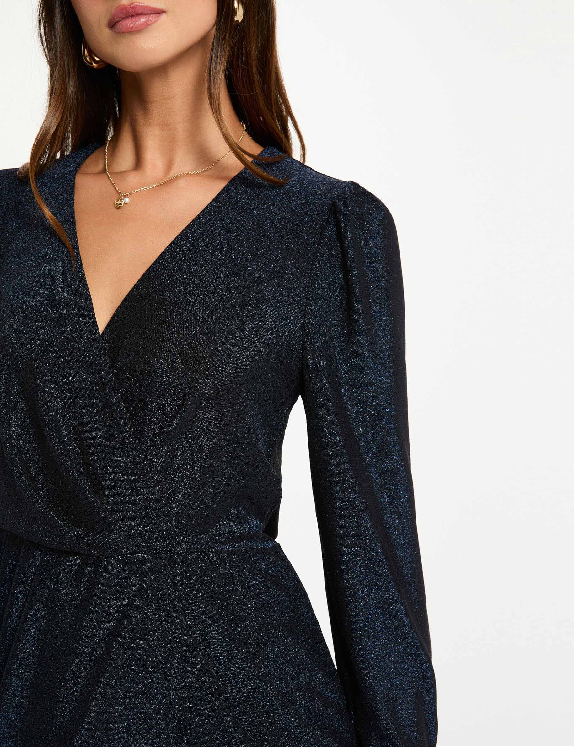 Fitted draped dress metallised threads navy blue women