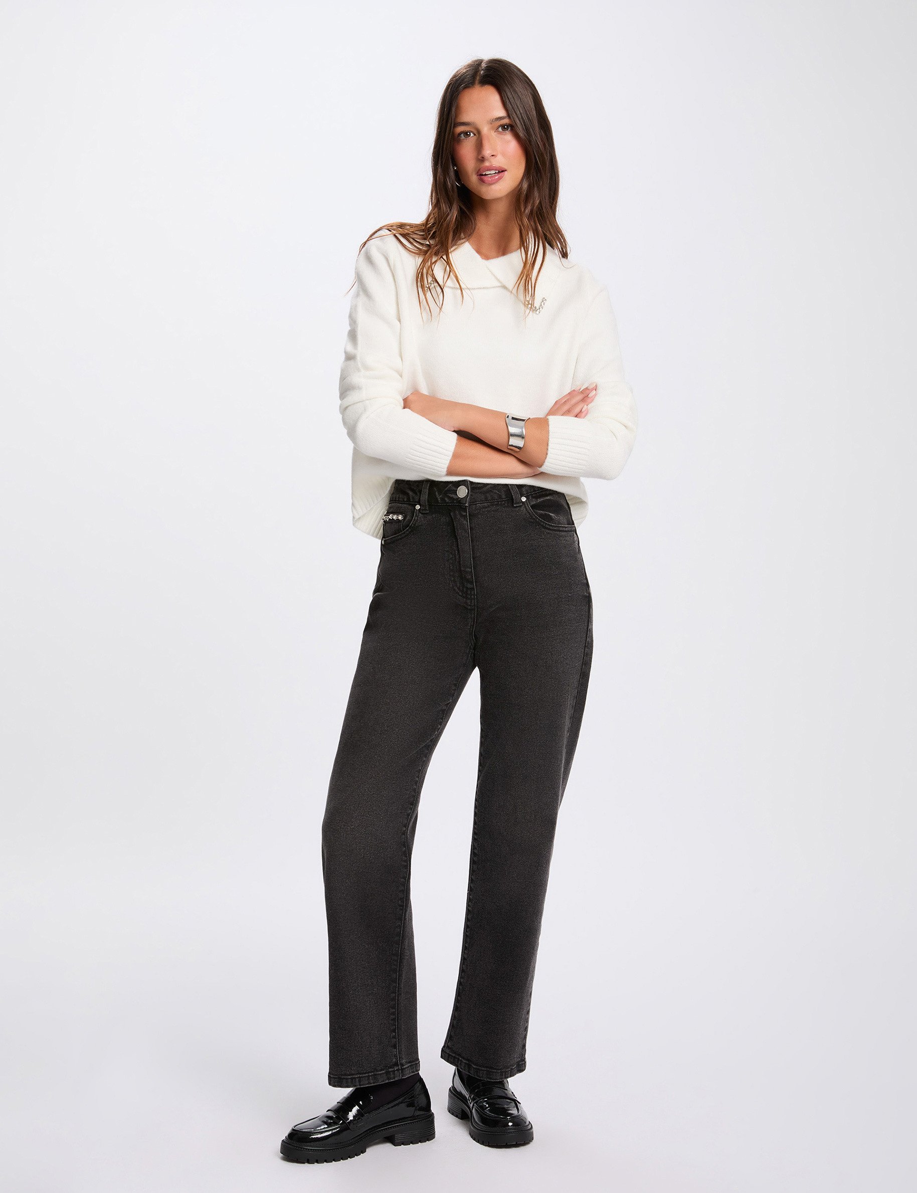 Sweater with a folded collar ivory women