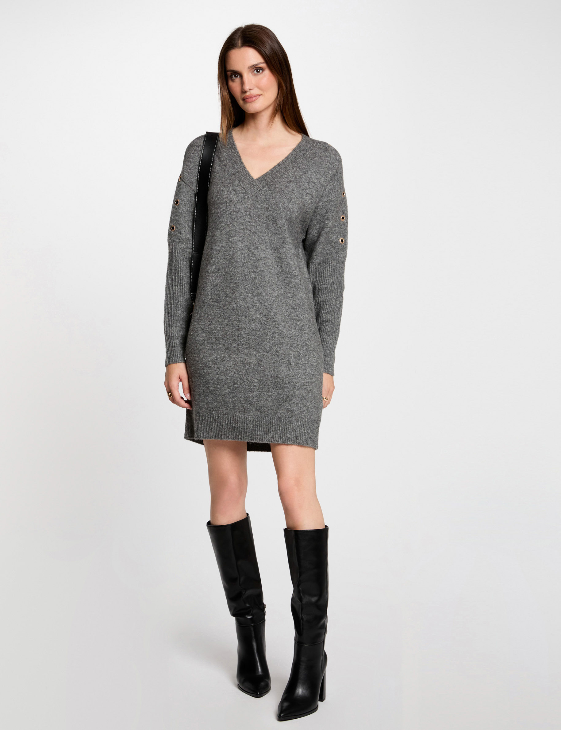 robe tricot droite a oeillets gris anthracite femme Robe tricot droite à oeillets gris anthracite femme