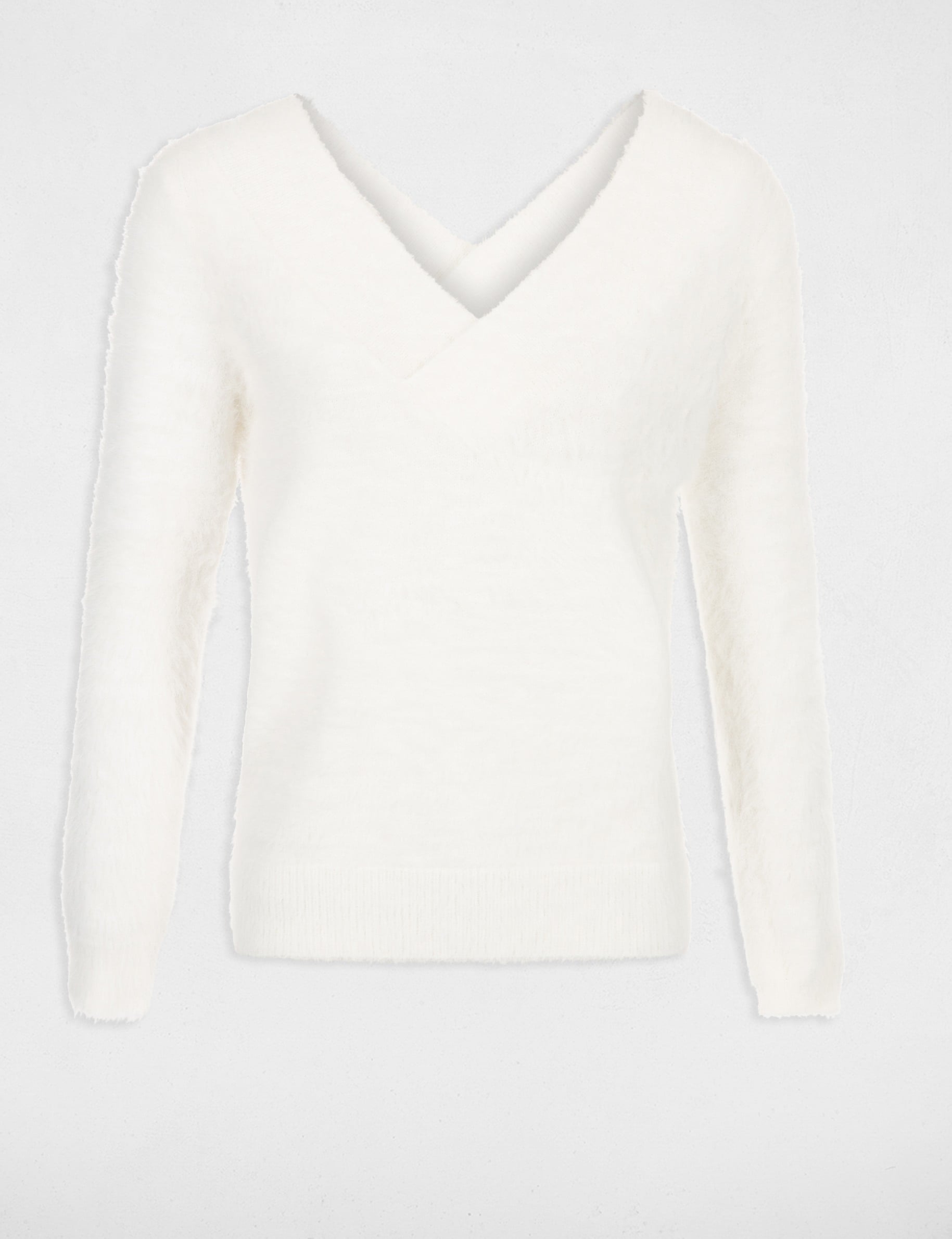 Fluffy knit jumper V-neck front and back ivory women