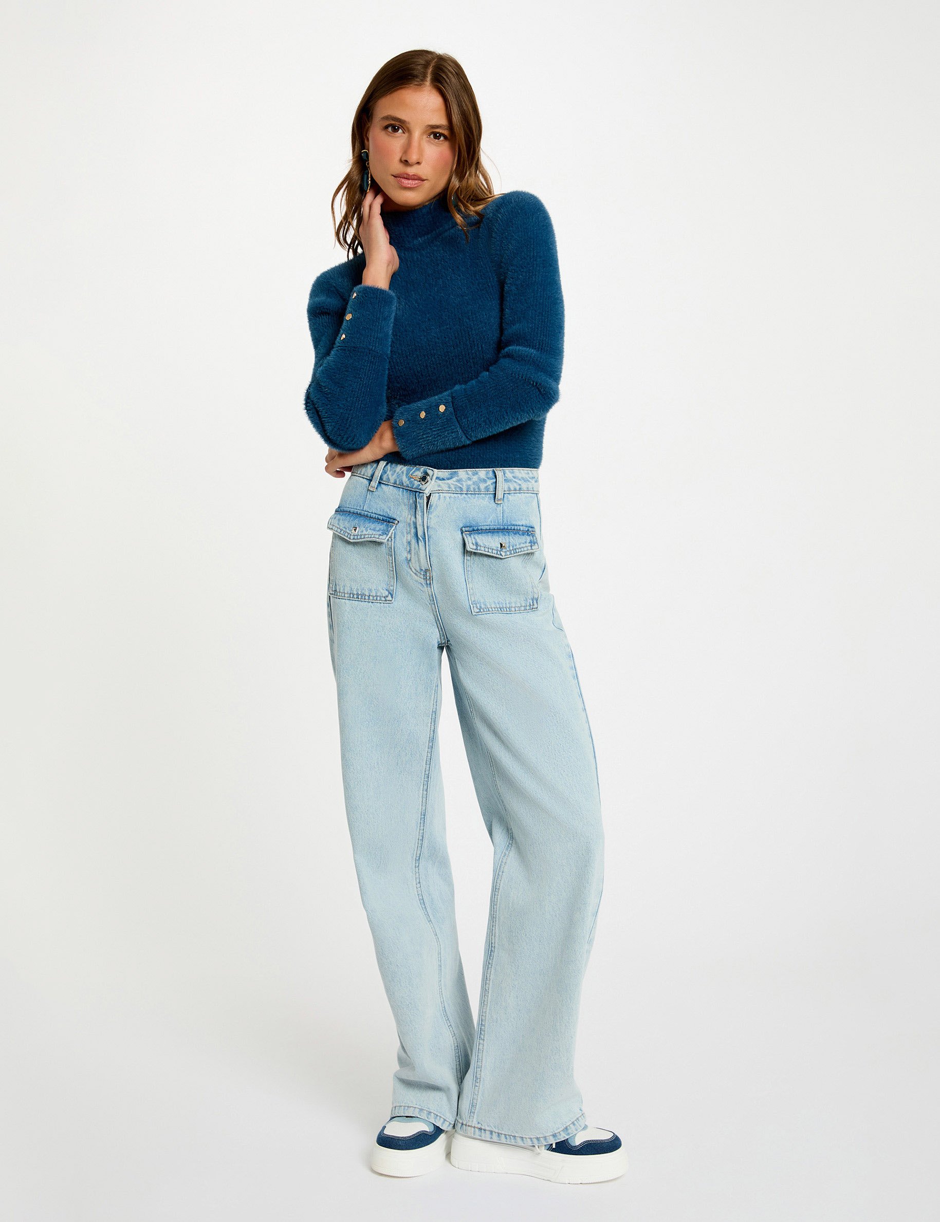 Long-sleeve fuzzy knit sweater petroleum blue women