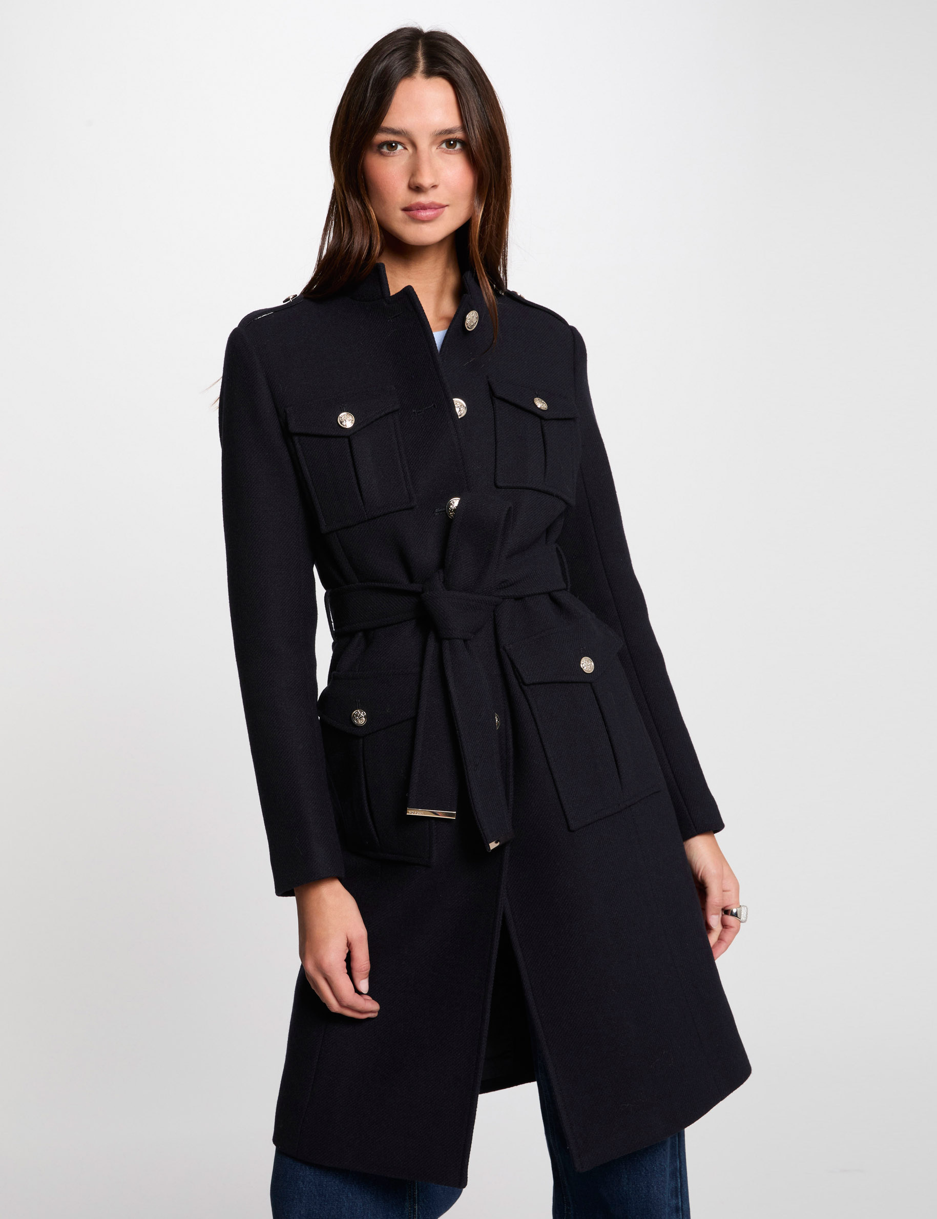 belted long coat navy blue women Belted long coat navy blue women