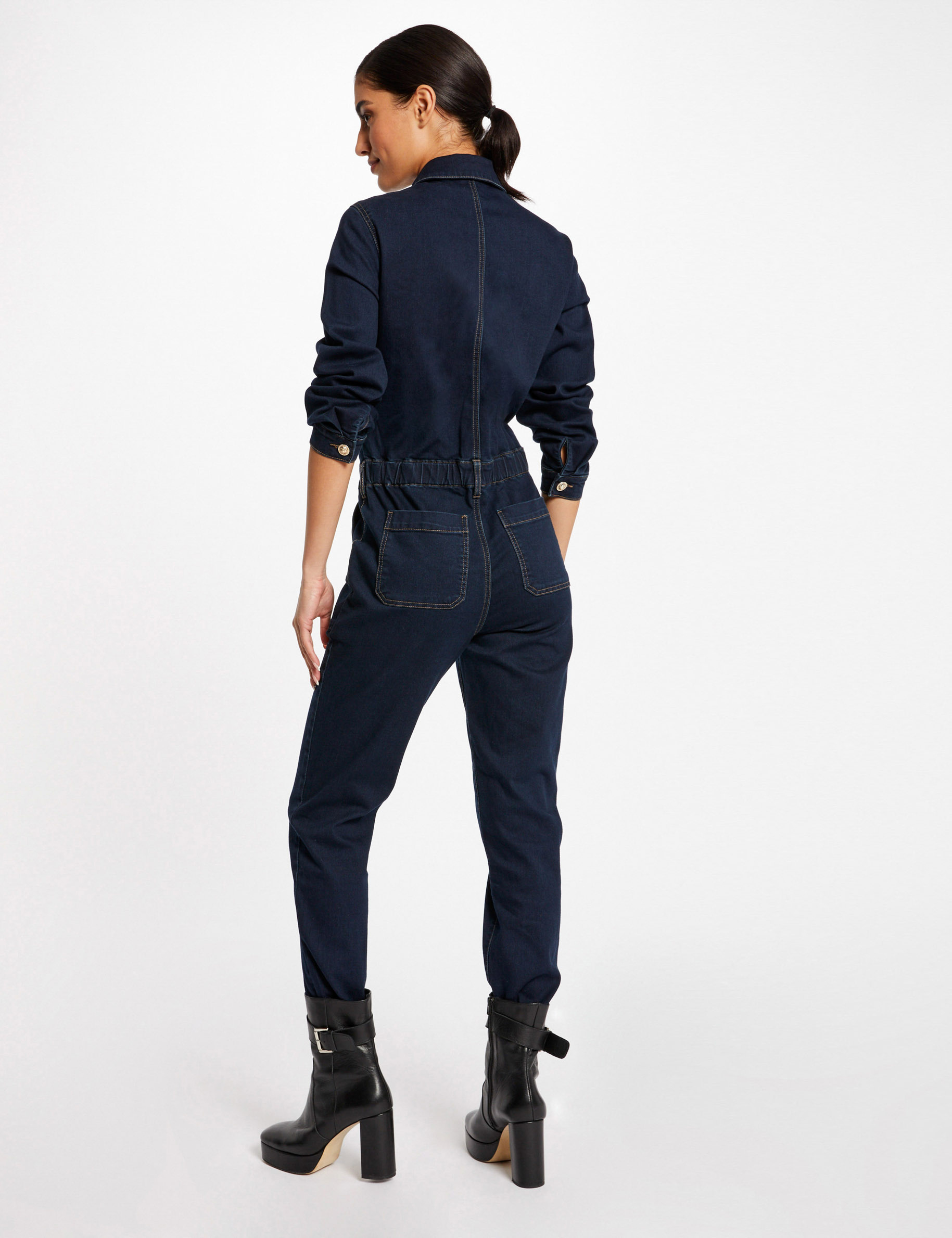 Straight buttoned denim jumpsuit raw denim ladies' Straight buttoned denim jumpsuit raw denim ladies'