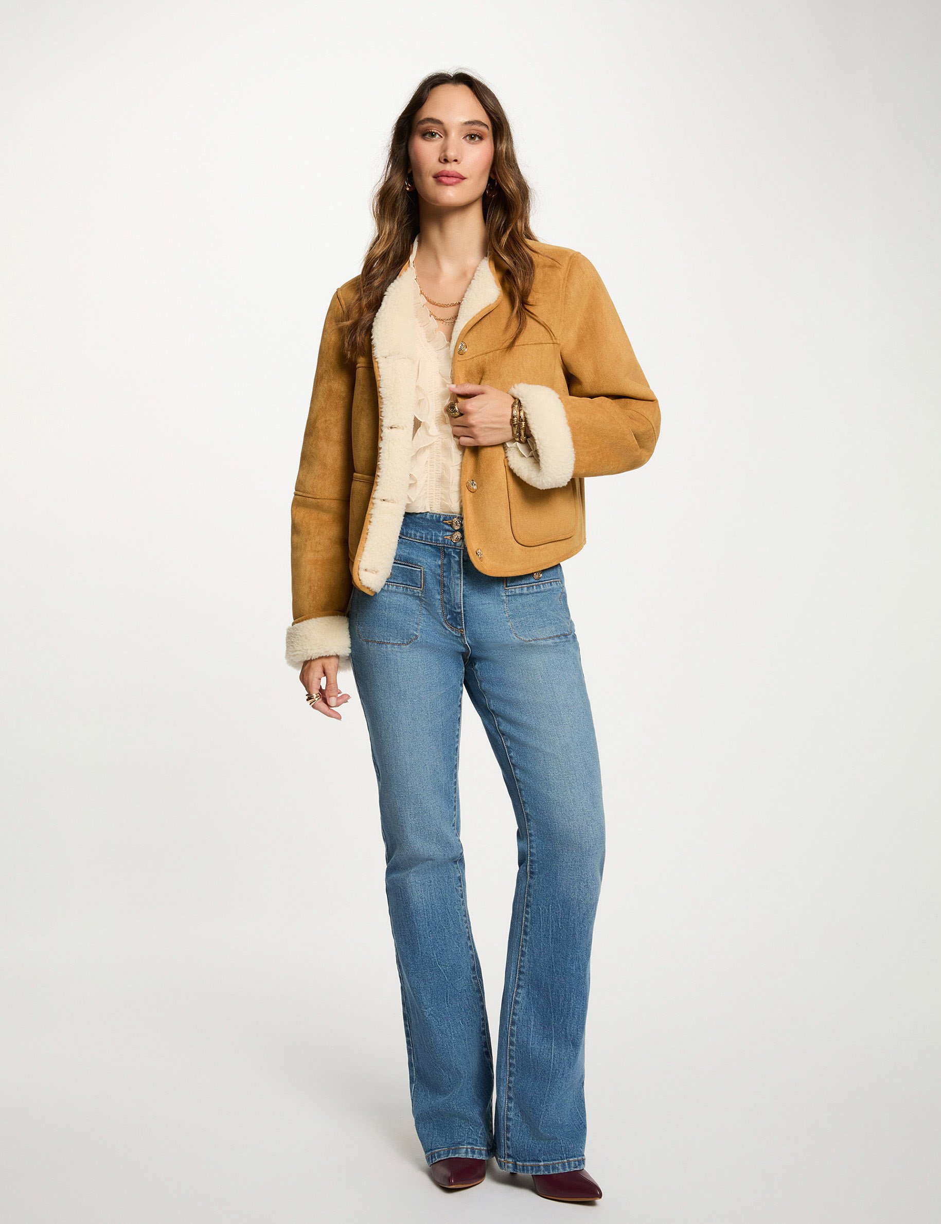 Short faux fur jacket camel women