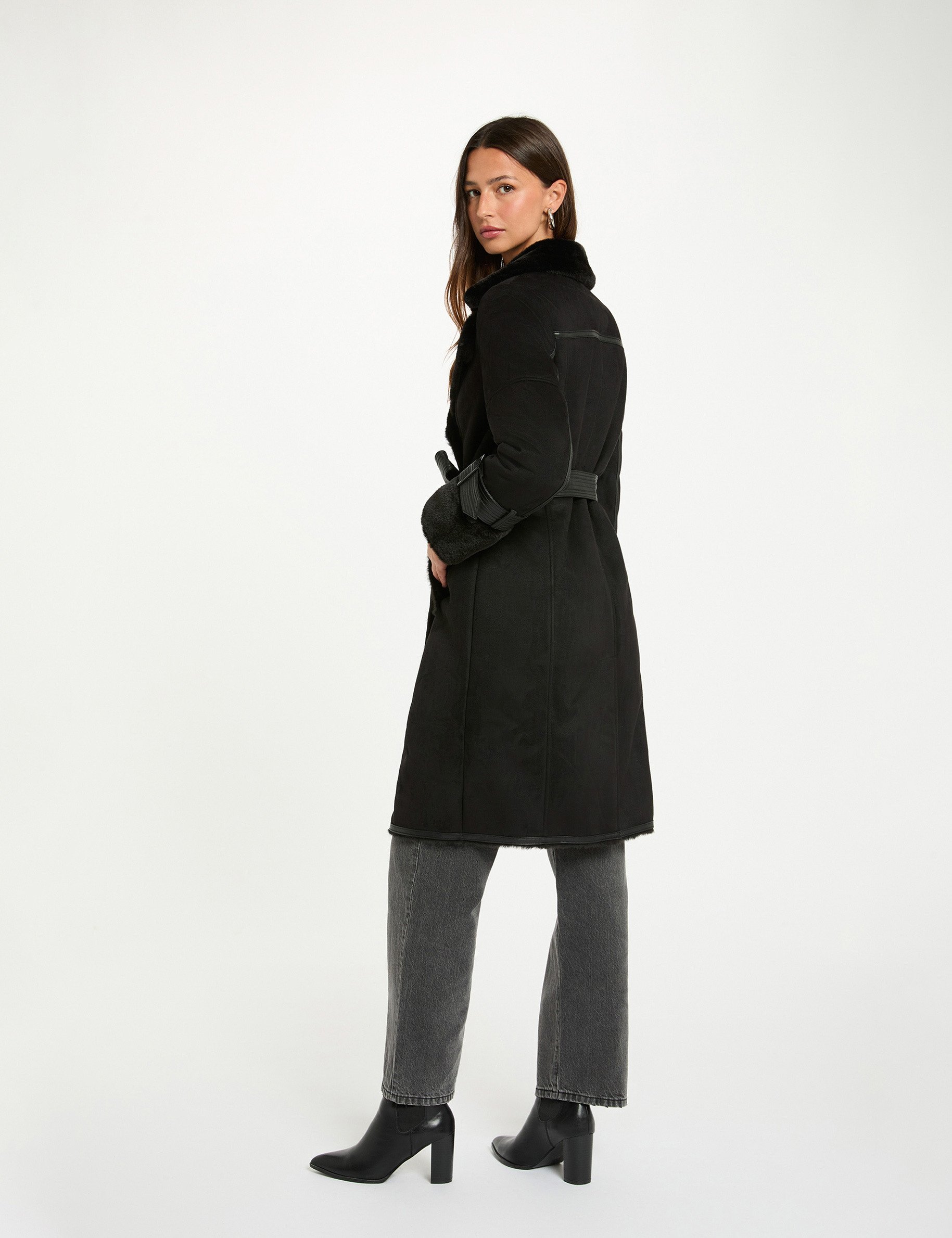 Fitted trench with faux fur black women