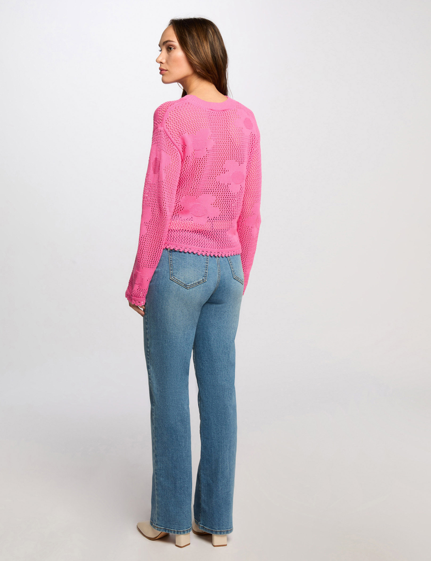 pull col rond ajoure rose femme Pull col rond ajouré rose femme