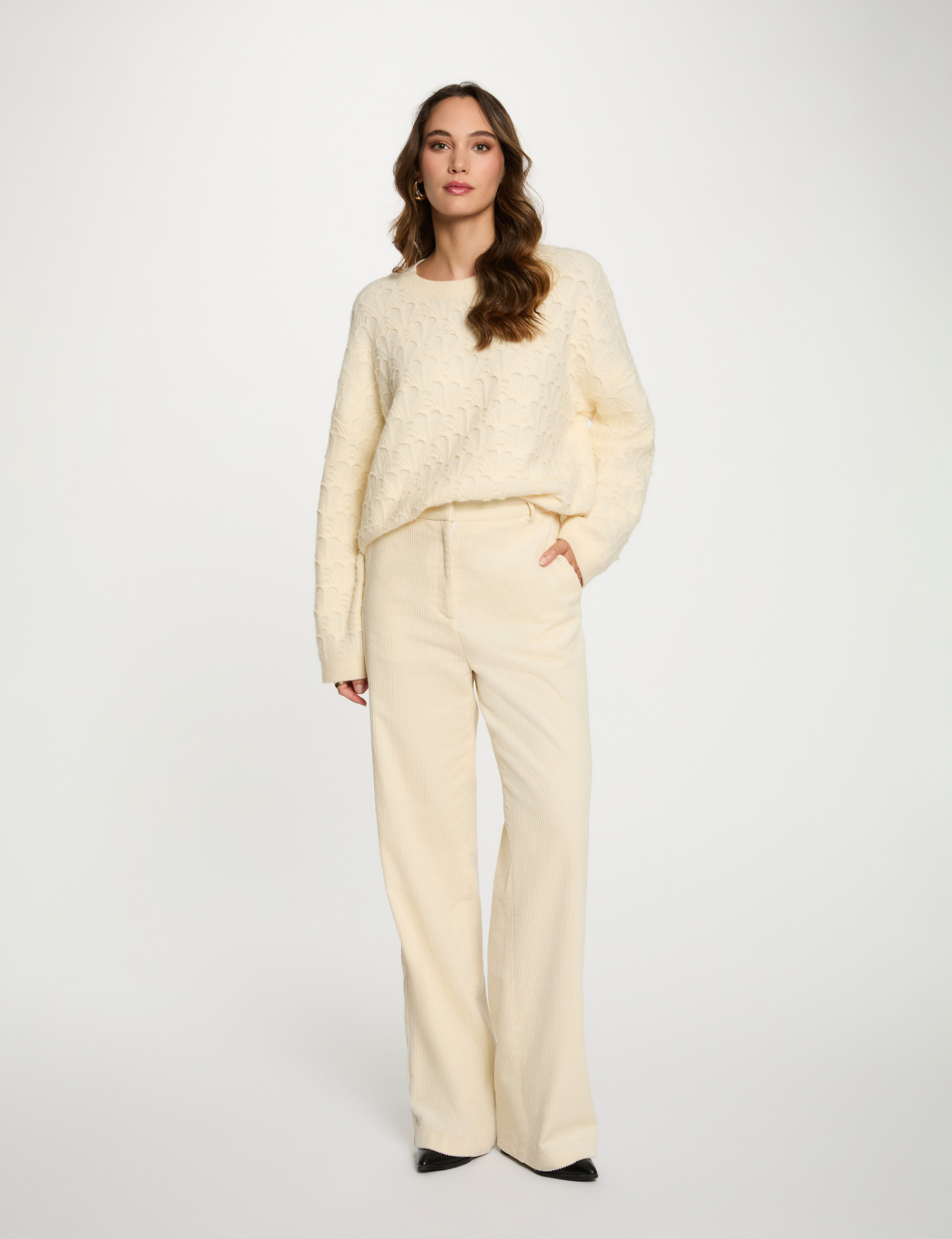 Pull col rond fantaisie ivoire femme