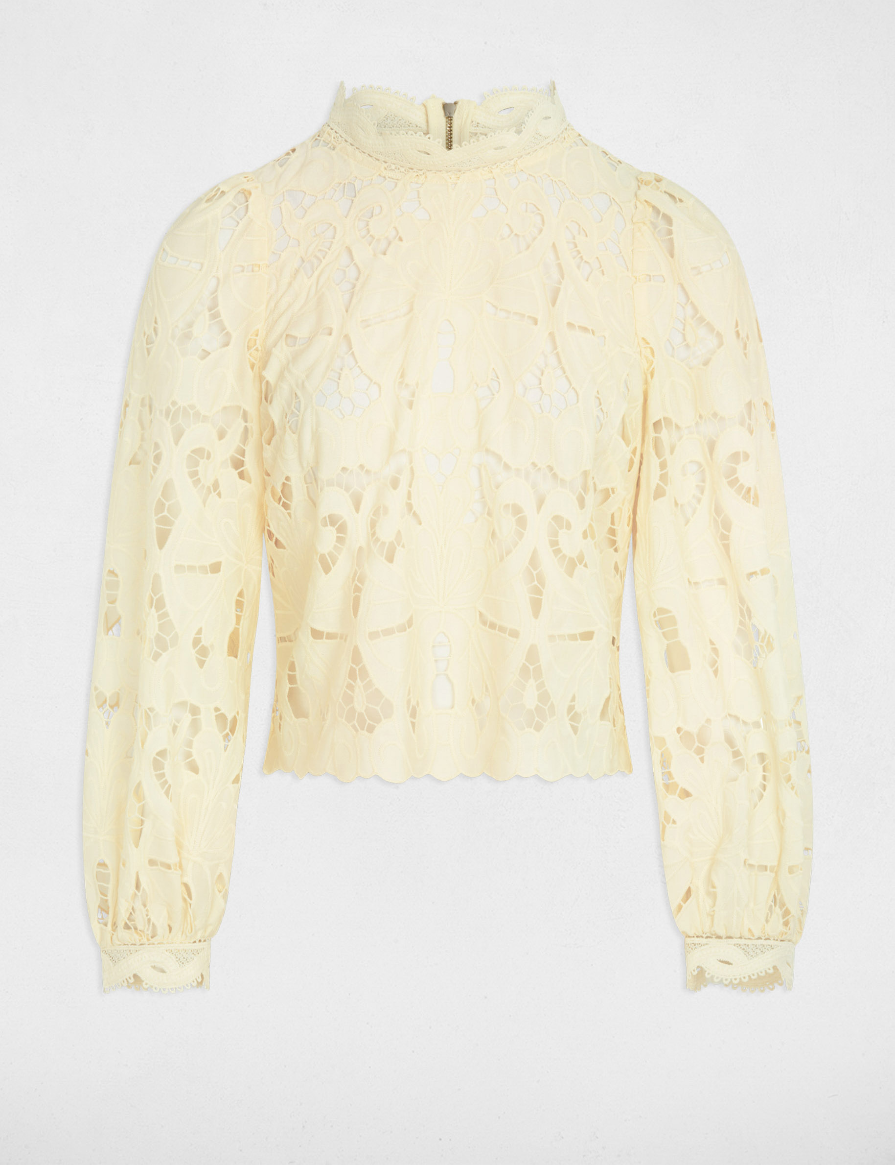 Embroidered blouse with high neck pastel yellow women