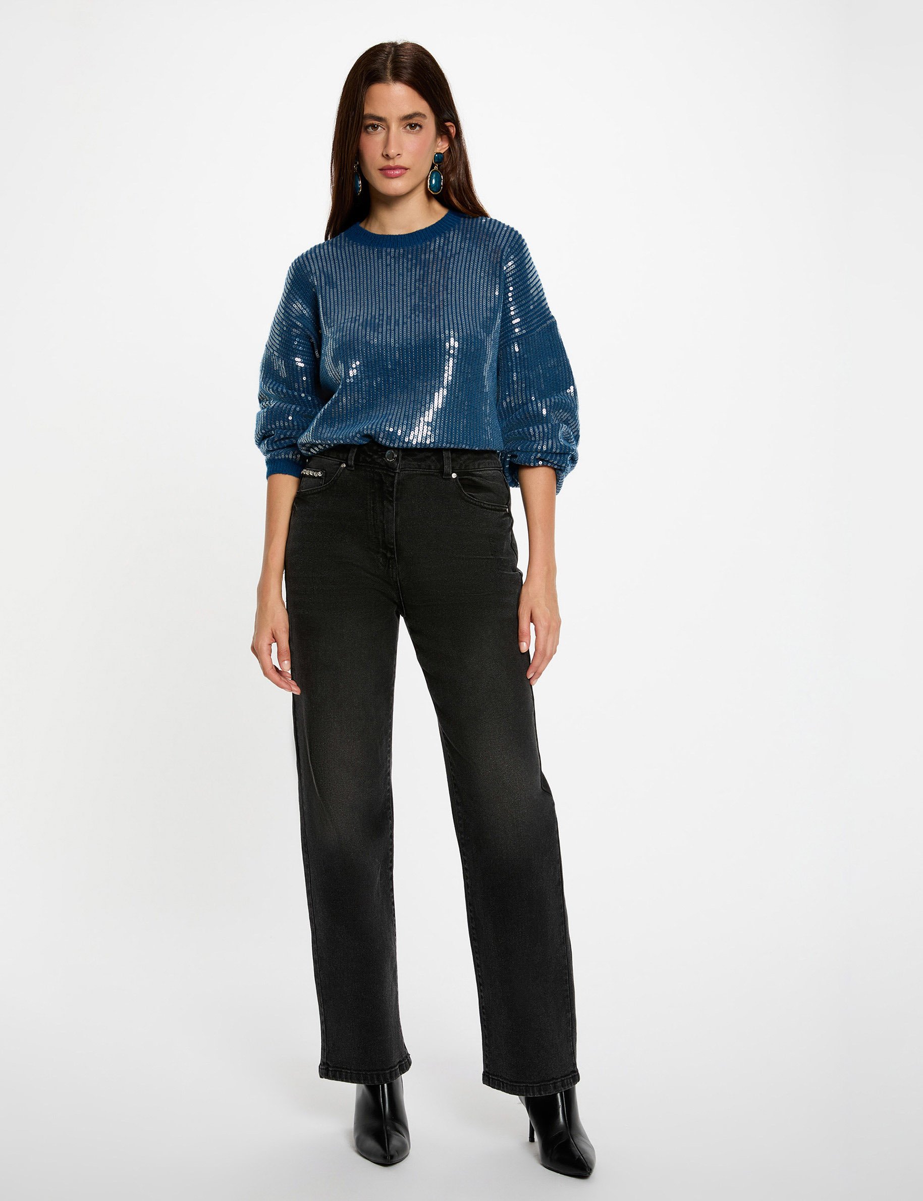 Sequin sweater with round neck petroleum blue women