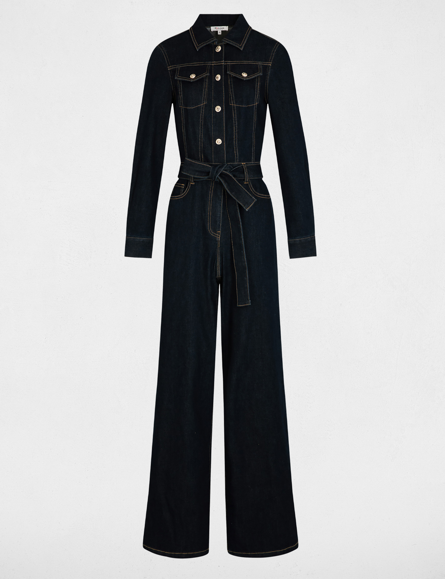 Wide-leg denim jumpsuit raw denim women
