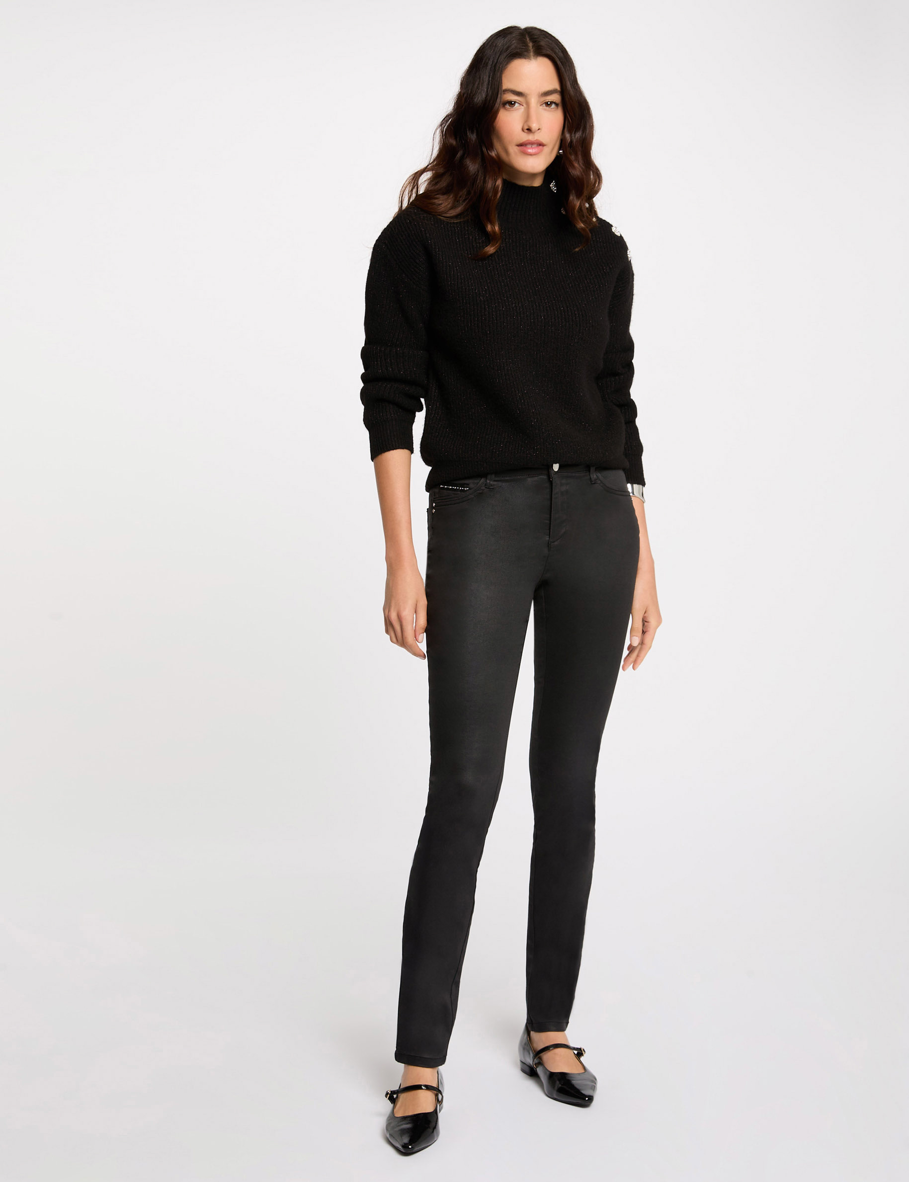 Pantalon slim enduit noir femme