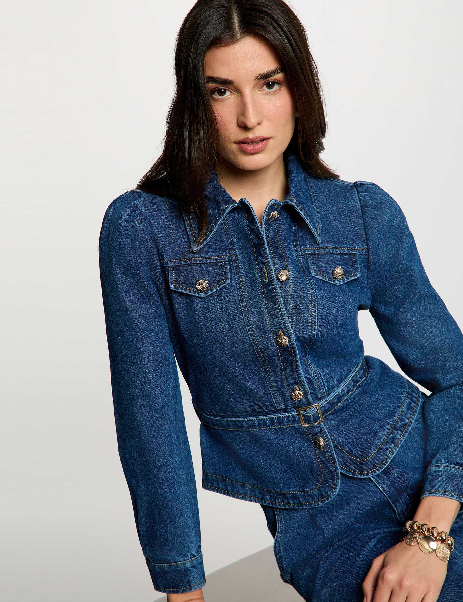 Belted denim jacket denim stone women