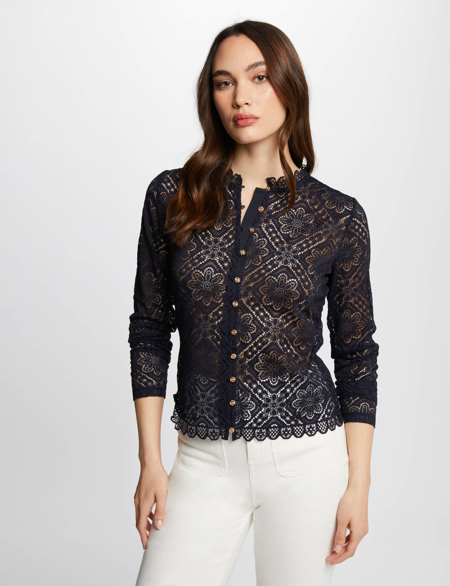 long sleeved t shirt with lace navy women Long-sleeved t-shirt with lace navy women
