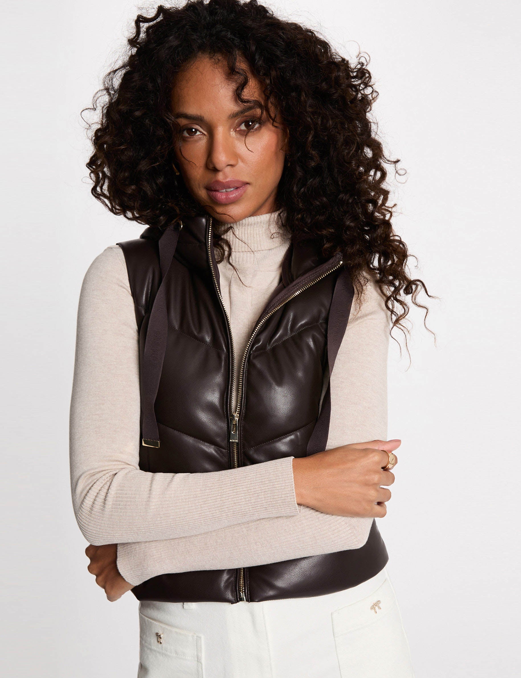 Faux leather padded jacket with hood dark brown women